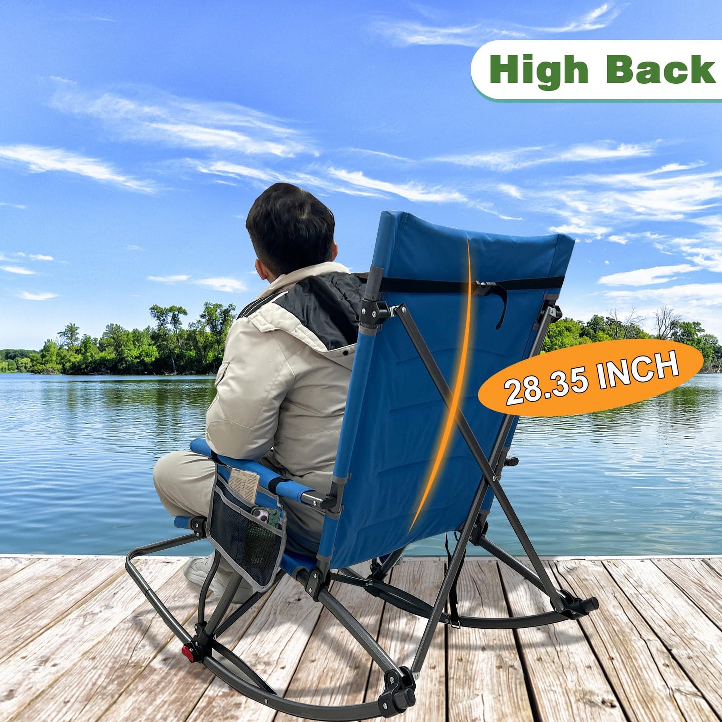 WKFAMOUT 13.8" High Seat Rocking Camping Chair Outdoor with Foot Rest & Headrest, Oversized Folding Rocker Chair with Carry Bag for Lawn Patio Supports 300 lbs