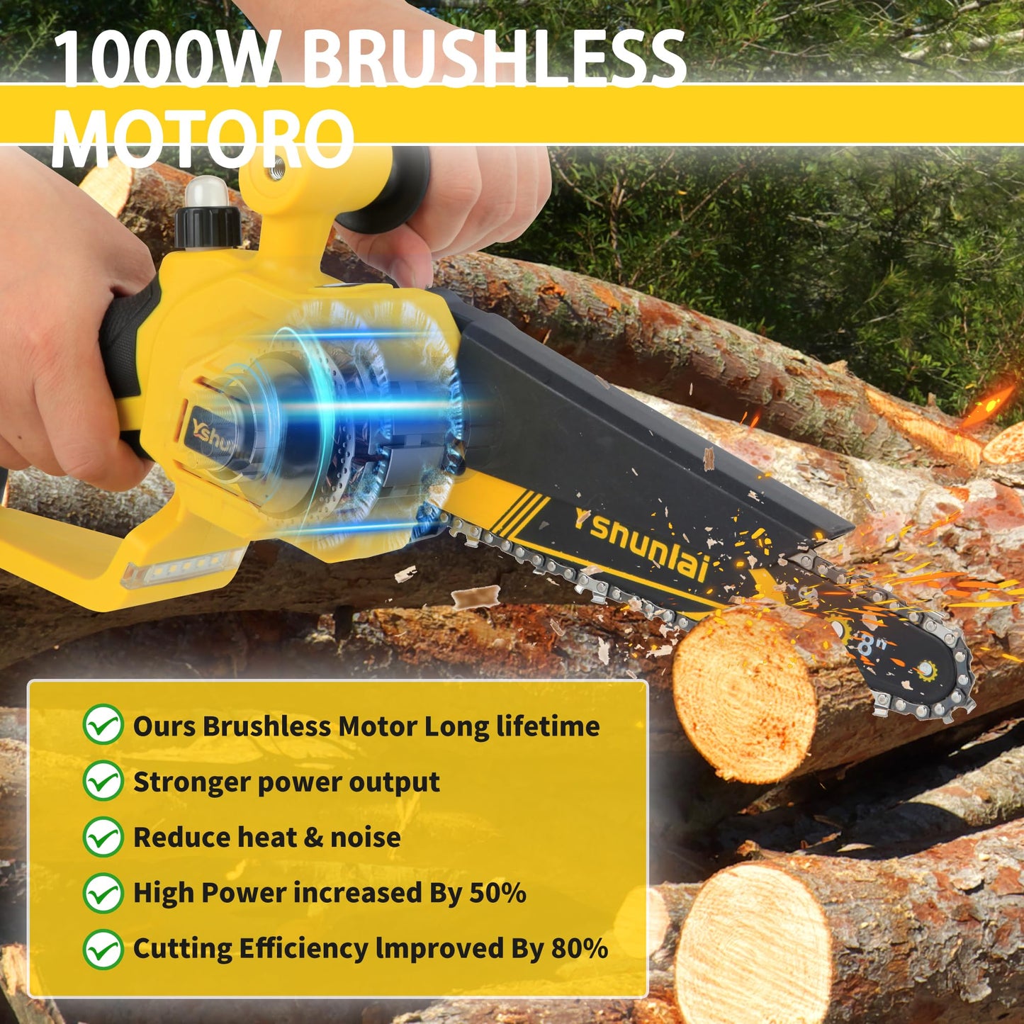 Yshunlai Cordless Mini Chainsaw 8 Inch & 6 Inch, Hand held Small Battery Powered Chain Saw with 2× 4000mAh Batteries, Brushless Electric Chainsaw for Tree Branch Trimming, Wood Cutting, Garden Work