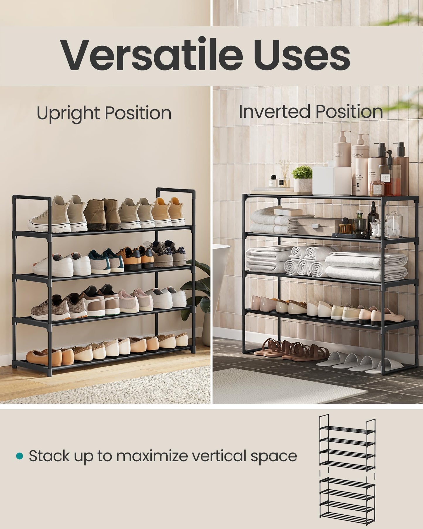 SONGMICS Shoe Rack, 4-Tier Shoe Organizer, Metal Storage Shelf, Upright or Upside Down, for 20-25 Pairs, Stackable, for Entryway, 11.8 x 36.2 x 29.1 Inches, Black ULSA14BK