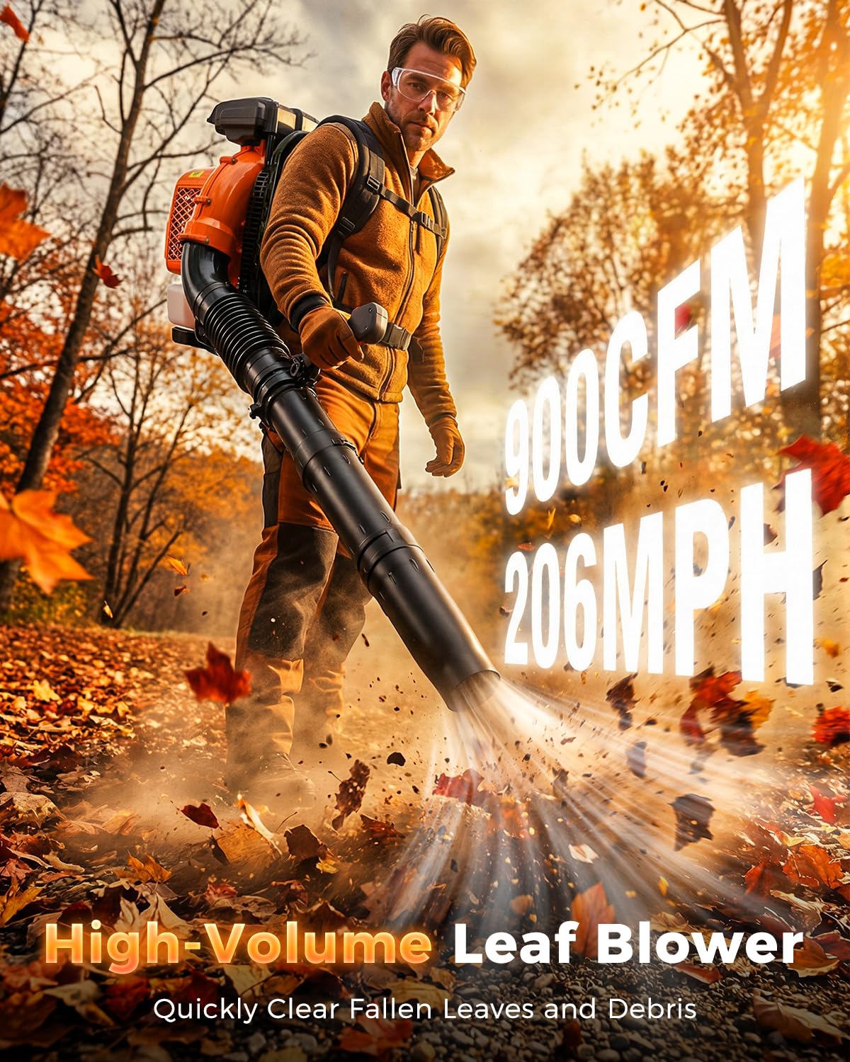 Getell 80cc Gas Backpack Leaf Blower, 900CFM 206MPH 2-Stroke Engine, Heavy-Duty Leaf & Snow Blower for Lawn, Garden & Commercial Use (Orange)