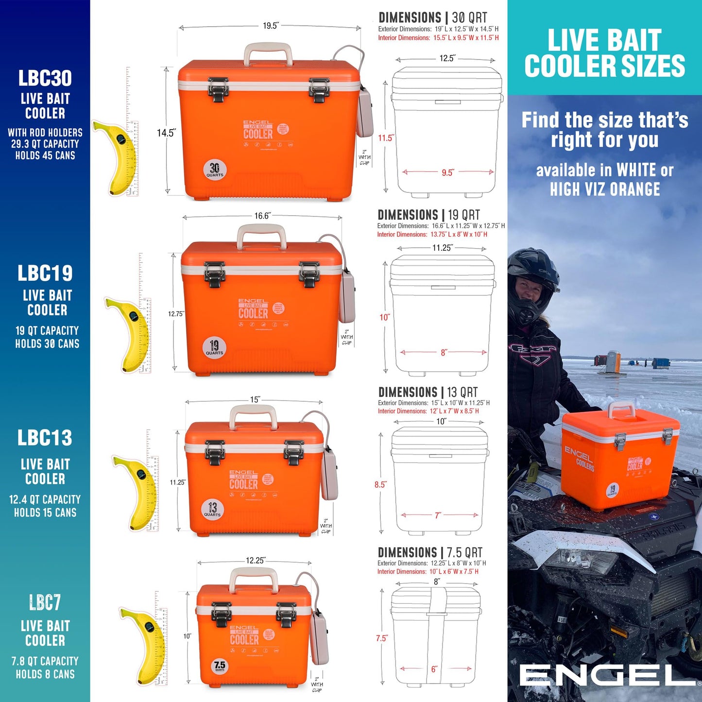 Engel 7.5qt Live Bait Cooler Box with 2nd Gen 2-Speed Aerator Pump - Portable Fishing Station & Minnow Bucket for Shrimp & Other Live Fish with Aerator - ENGLBC7-N-OHV in Orange High-Visibility
