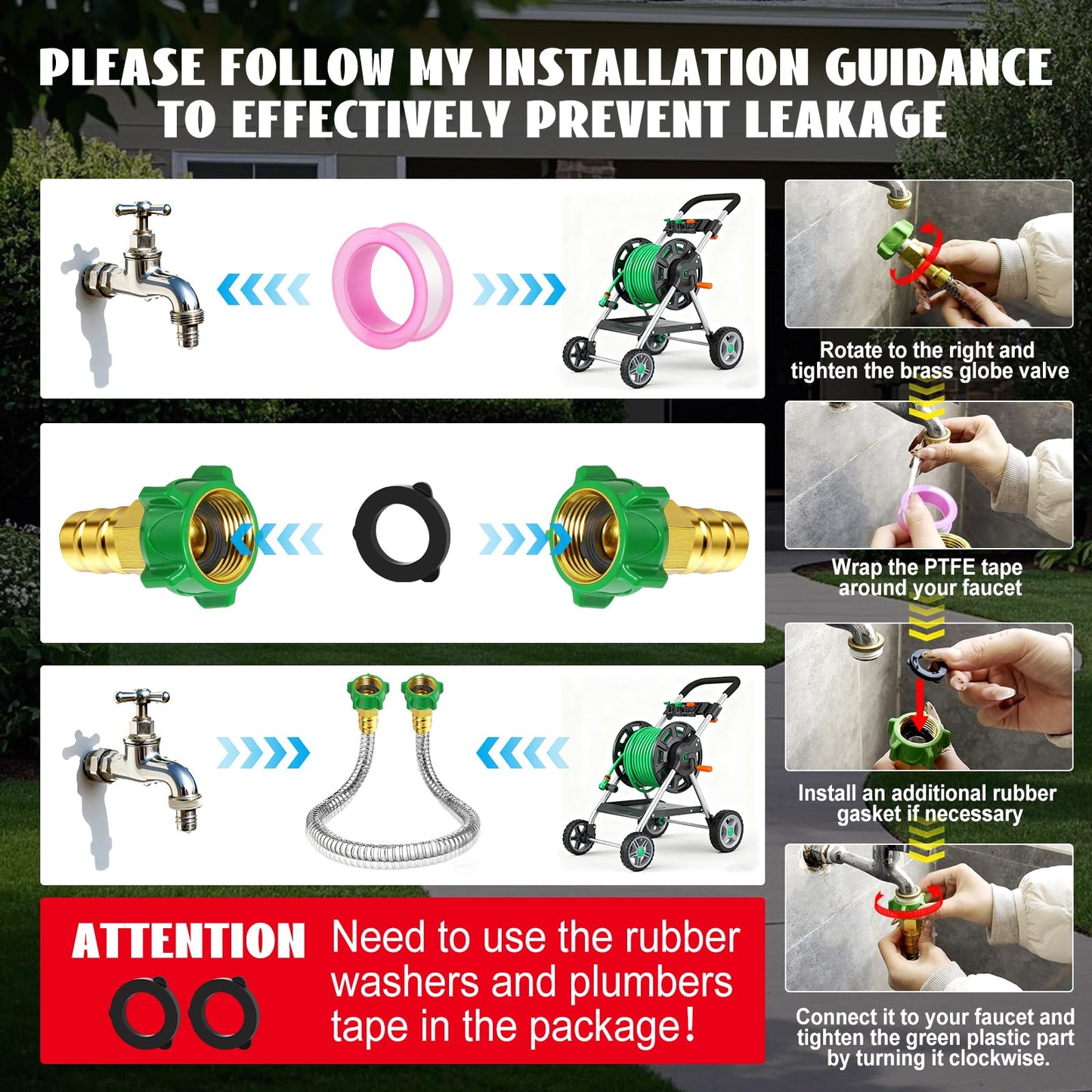 Female to Female Short Garden Leader Hose 4FT,Metal Hose Reel Connecting Hose,Stainless Steel Hose Connector for Hose Reel,Flexible,Kink-Free & No Leak Outdoor Water Pipe Extension Adapter