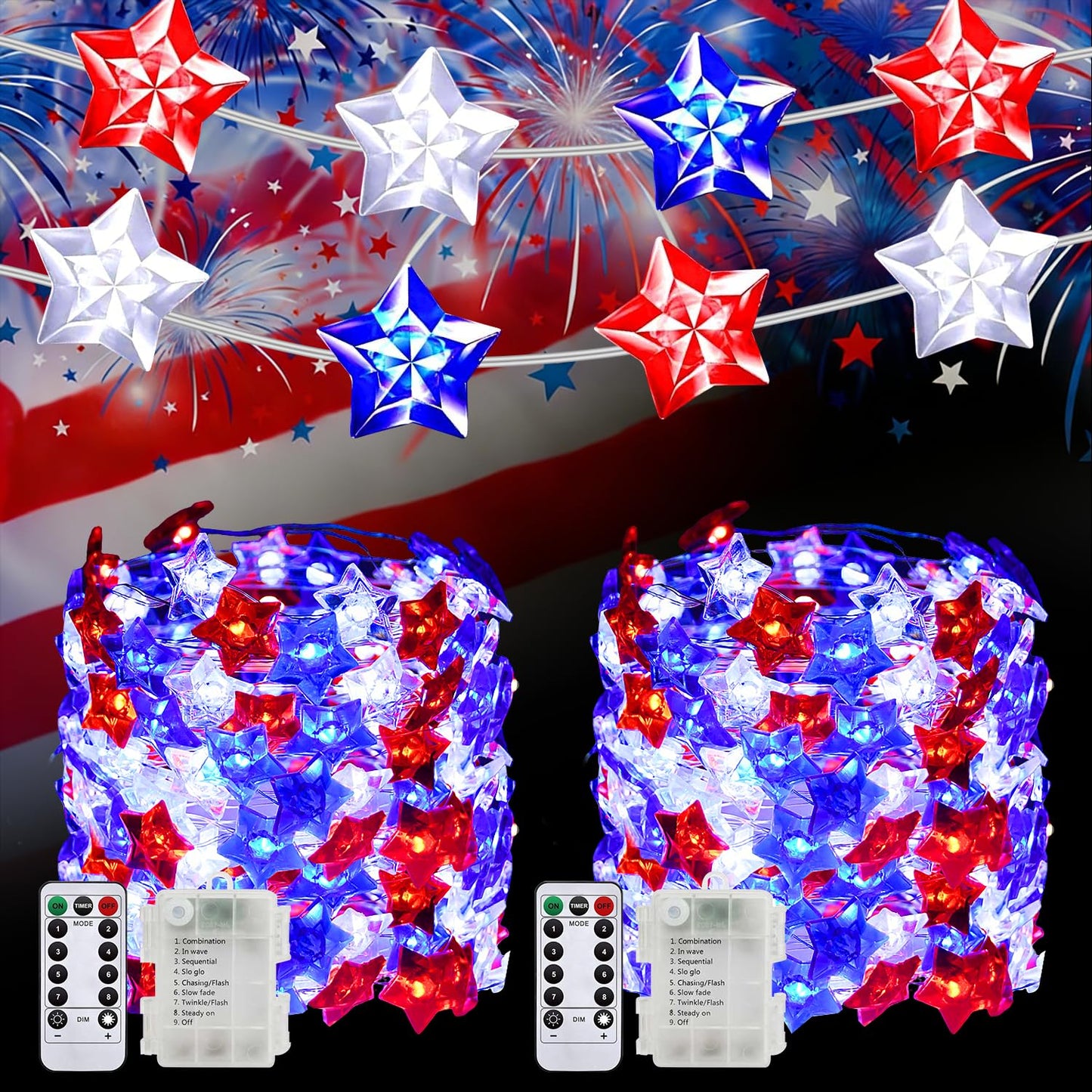 100 LED 4th of July Decorations American Star Fairy Lights Battery Operated, 2 Sets Mini Red White and Blue Star Twinkling Lights Remote & Timer with 8 Modes for Home Memorial Day Patriotic Decor