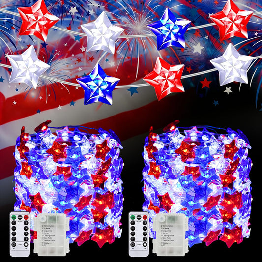 100 LED 4th of July Decorations American Star Fairy Lights Battery Operated, 2 Sets Mini Red White and Blue Star Twinkling Lights Remote & Timer with 8 Modes for Home Memorial Day Patriotic Decor