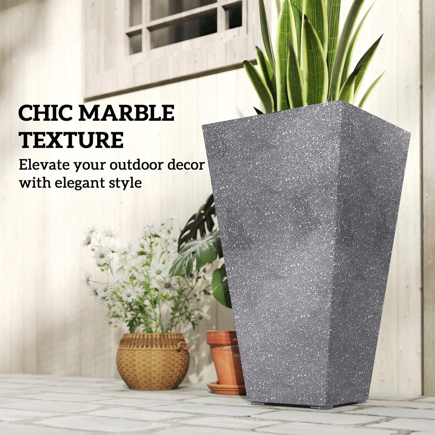 Outsunny 28 Inch Tall Planters for Outdoor Plants, Set of 3 Plastic Flower Pots with Marble Finish and Drainage Holes, Stackable Tapered Large Planters for Indoor Plants, Front Porch Decor, Gray