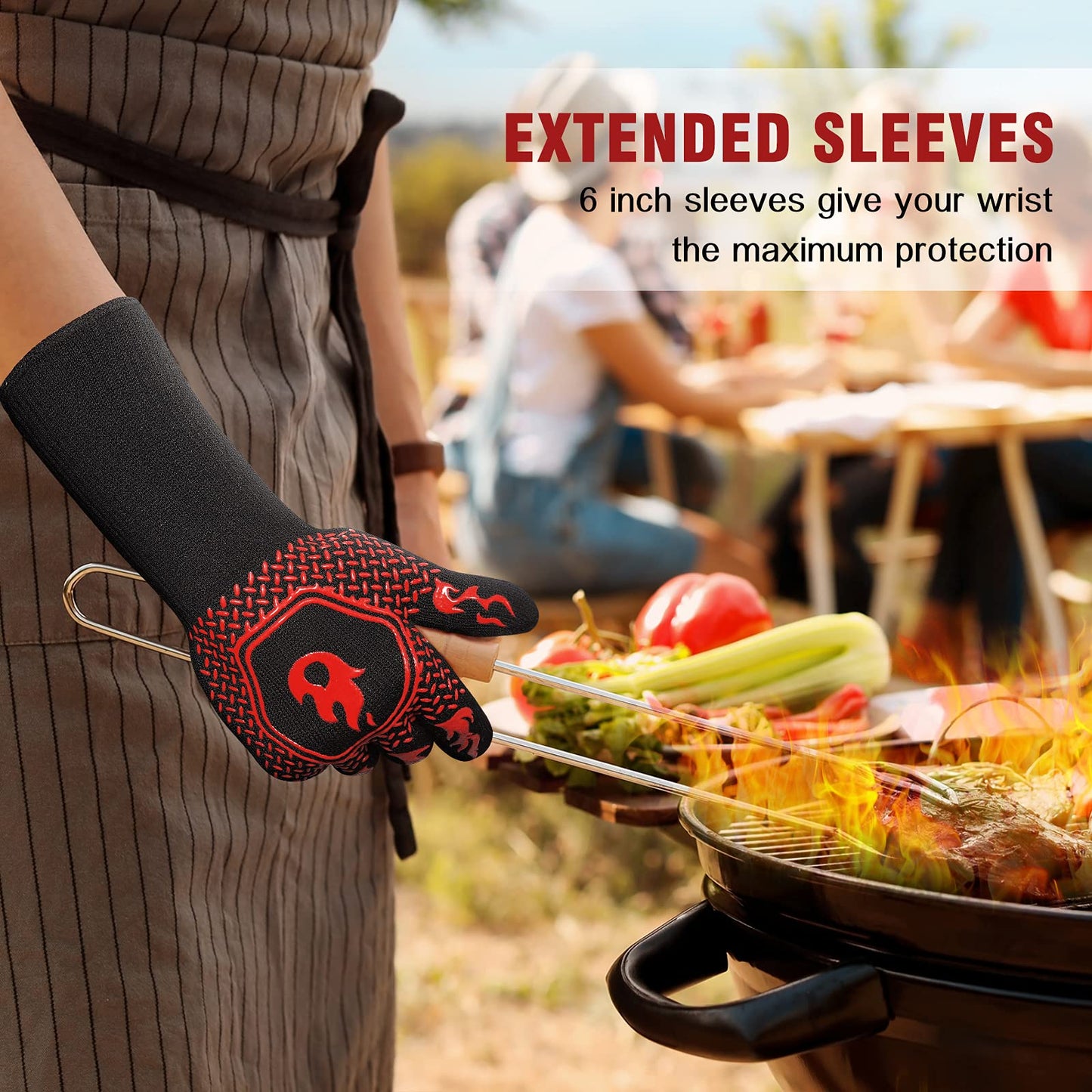 BBQ Grill Gloves : 1472 ℉ High Temp Resistance Fireproof Glove for Grilling Barbecue - Washable Long Silicone Oven Mitts Extreme Hot Proof Mittens for Kitchen Cooking Baking