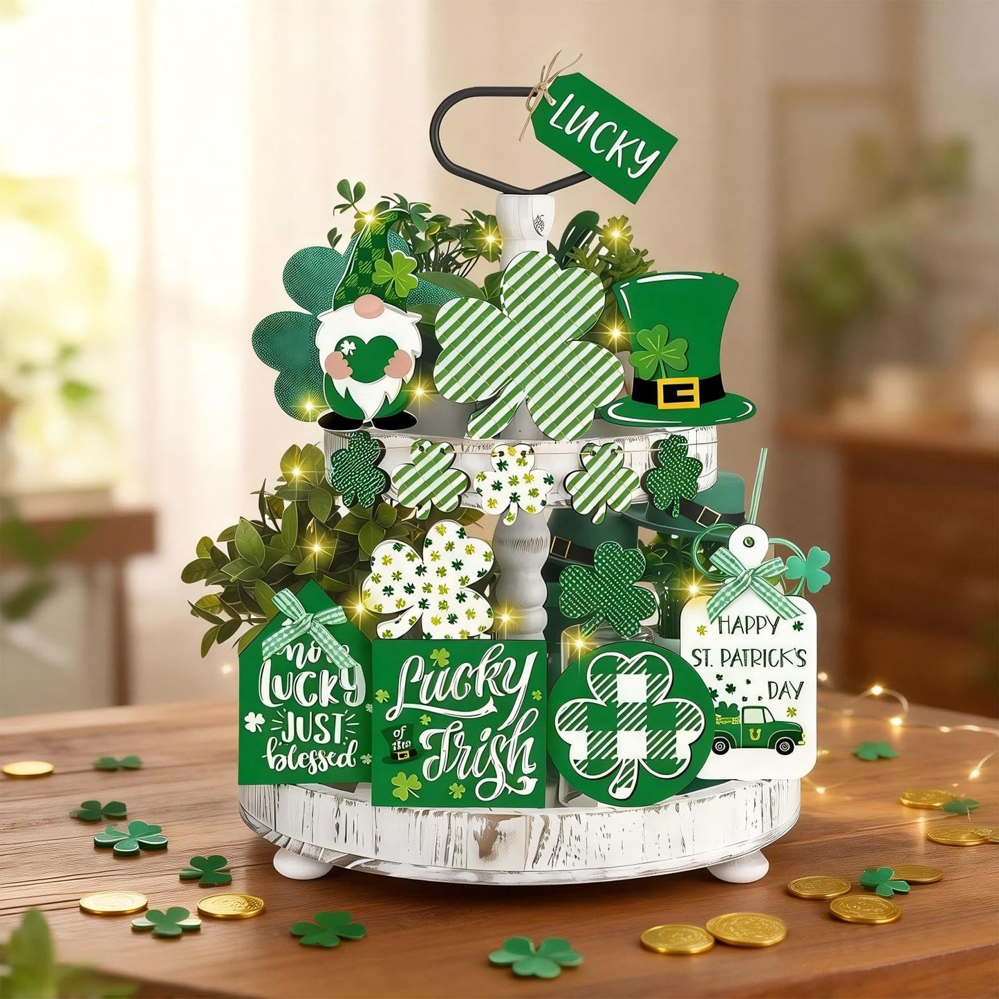 15PCS St. Patrick's Day Tray Decor Wooden Signs Table Centerpieces with Plush Gnome, Shamrock Pattern, Blessing Ornaments & 1 Mini String Light for St. Patrick's Day Party Tabletop Tray Decoration