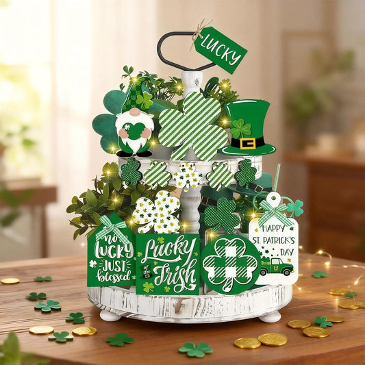 15PCS St. Patrick's Day Tray Decor Wooden Signs Table Centerpieces with Plush Gnome, Shamrock Pattern, Blessing Ornaments & 1 Mini String Light for St. Patrick's Day Party Tabletop Tray Decoration