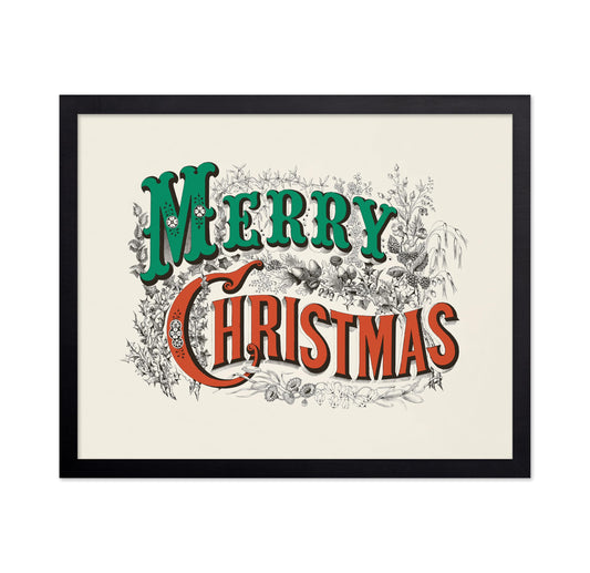 Poster Master Merry Christmas Poster - Holiday Print - Mistletoe Art - Christmas Art - Typography Design - Lithograph Illustration - Colorful Creation - Floral Bedroom or Living Room Decor - 8x10 UNFRAMED Wall Display