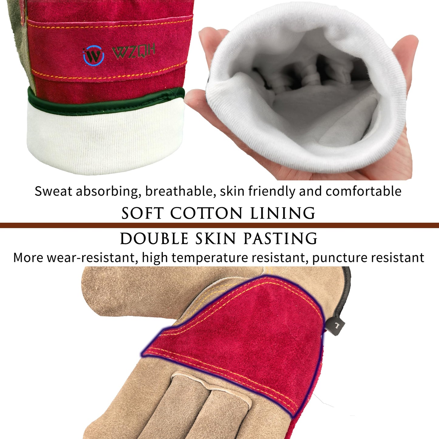 WZQH Leather Work Gloves for Women, Medium Glove for Gardening, Tig/Mig Welding, Construction, Chainsaw, Farm, Ranch, etc. Cowhide, Cotton Lined, Utility, Firm Grip, Durable. Rose Red - Grey M