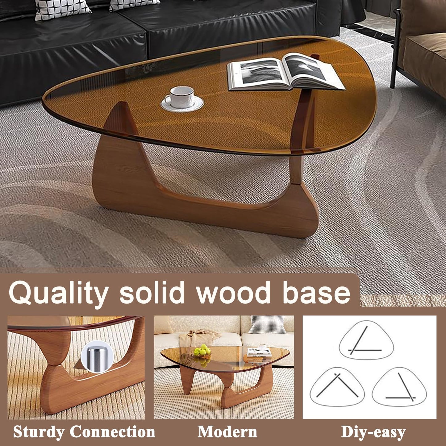 Modern Glass Coffee Table, Mid Century Small Coffee Table, Coffee Table for Living Room,Suitable for Bedroom Living Room Reception Office Tables (Walnut/Brown, Small)
