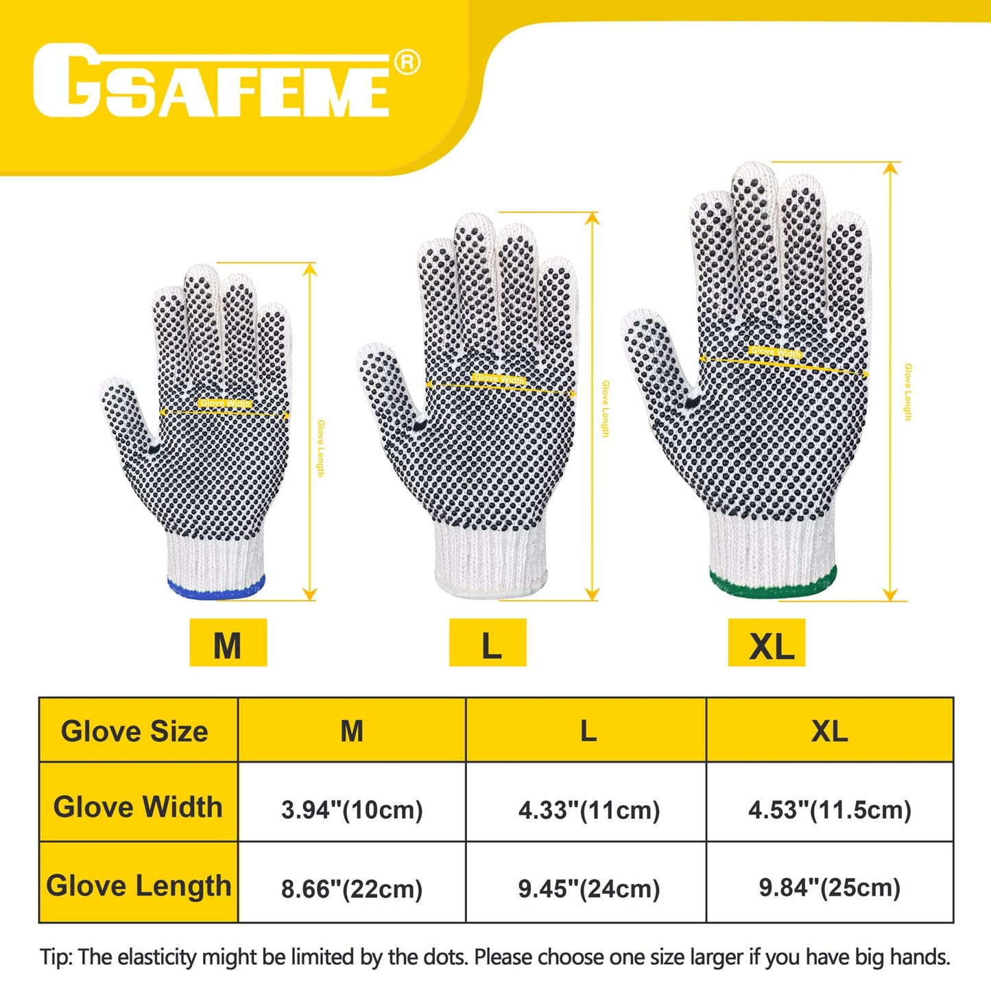 GSAFEME Safety Work Gloves 12 Pairs Cotton with Anti-Slip Grip Dots for Construction,Warehouse Lifting,House Moving