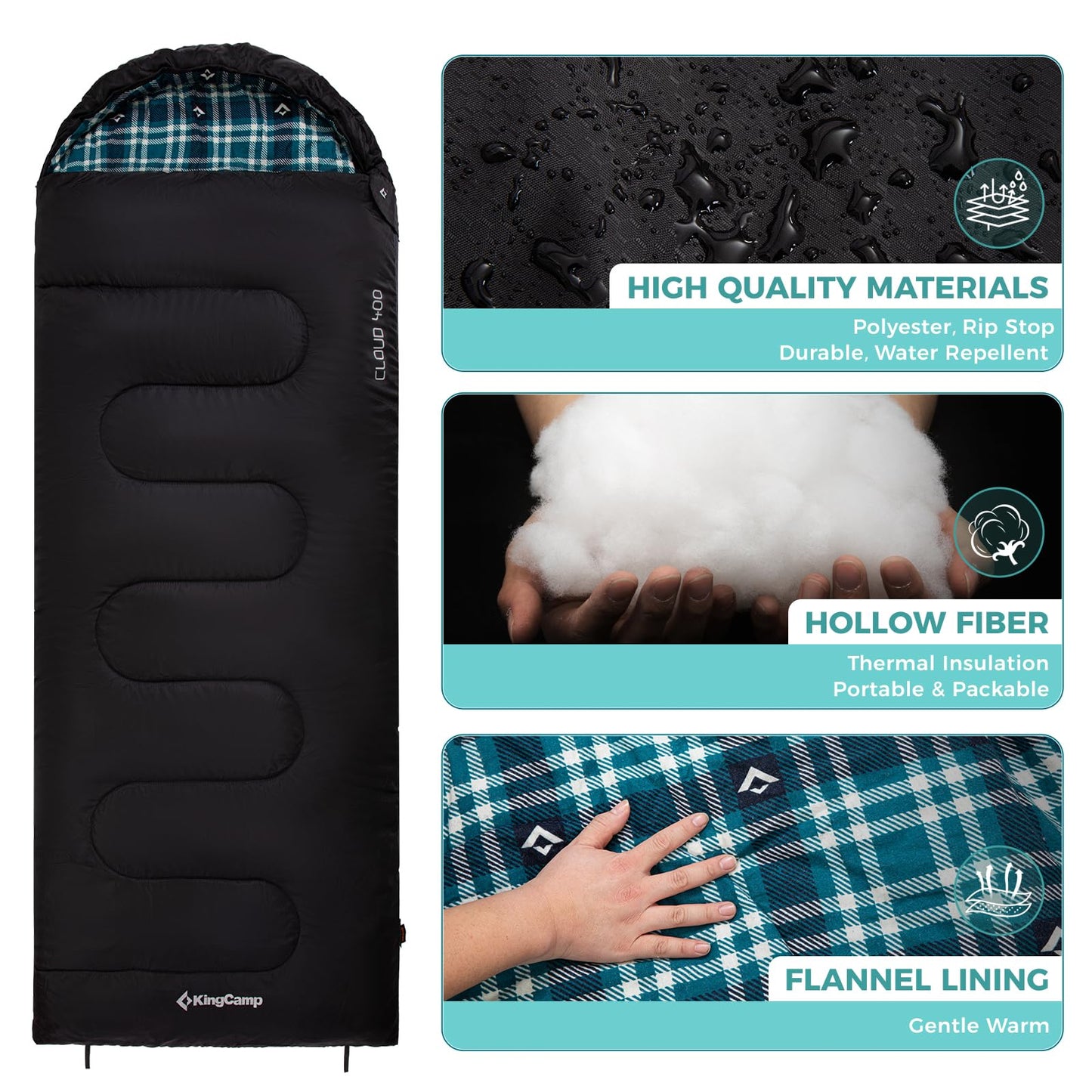 KingCamp Sleeping Bag for Adults, Cold Weather & Warm XL Big and Tall Flannel Sleeping Bags with Compression Sack Portable Waterproof Essentials Gear Accessories for Outdoor Camping (Black Right)