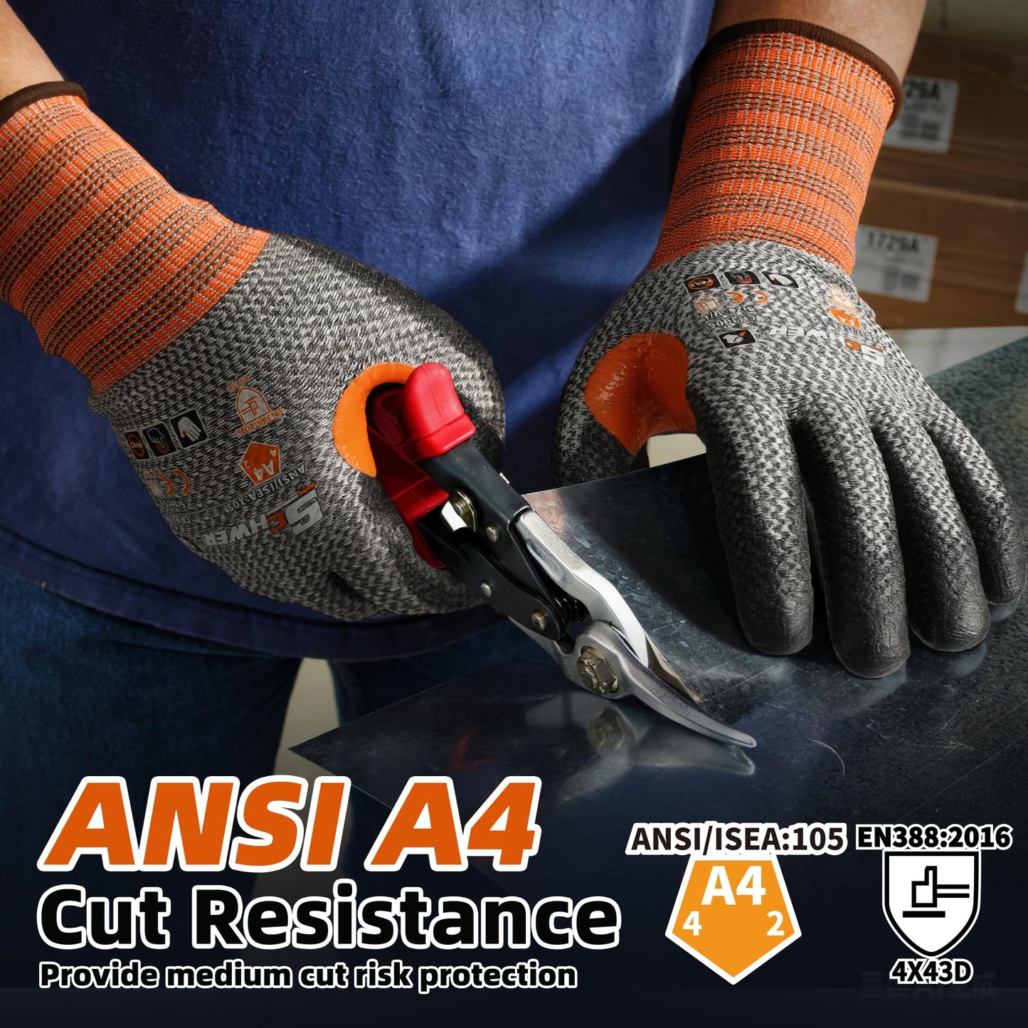 Schwer 12 Pairs Cut Resistant Work Gloves, CR3066 ANSI A4 Cut Proof Gloves with PU Coating, Touch-Screen, Non Slip, Reinforced Thumb, Wire & Fiberglass Free, Durable Working Gloves for Construction, L