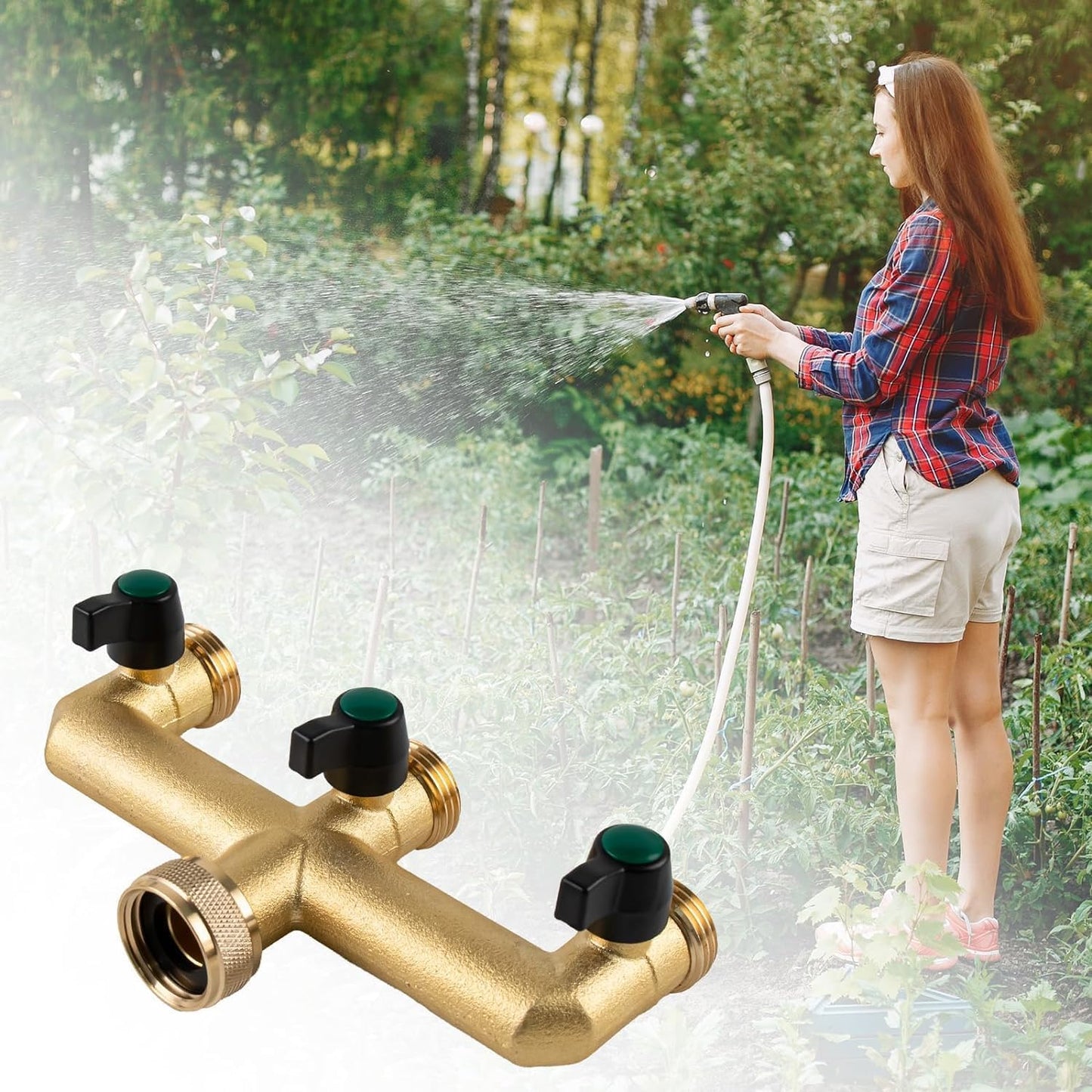 Hose Splitter, 3 Way Heavy Duty Brass Garden Hose Splitter, Outdoor Faucet Splitter, for 3/4" Hose Connector, Hose Spigot Adapter with 3 Individual ON/Off Valves