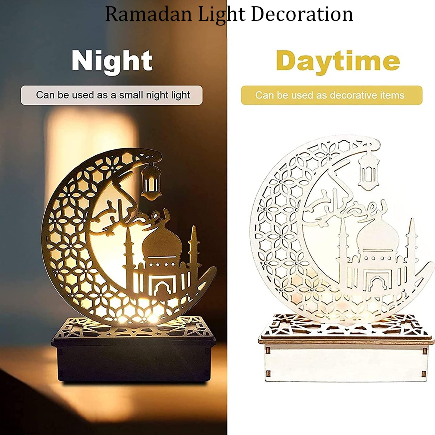 23GUANYI Ramadan Decorations for Home, Ramadan Lights, Eid Mubarak Decorations, 3D Wooden Eids Decoration Lights Home Party Bedroom for Muslims, Eid al-Fitr al-Adha Islamic Table Decor