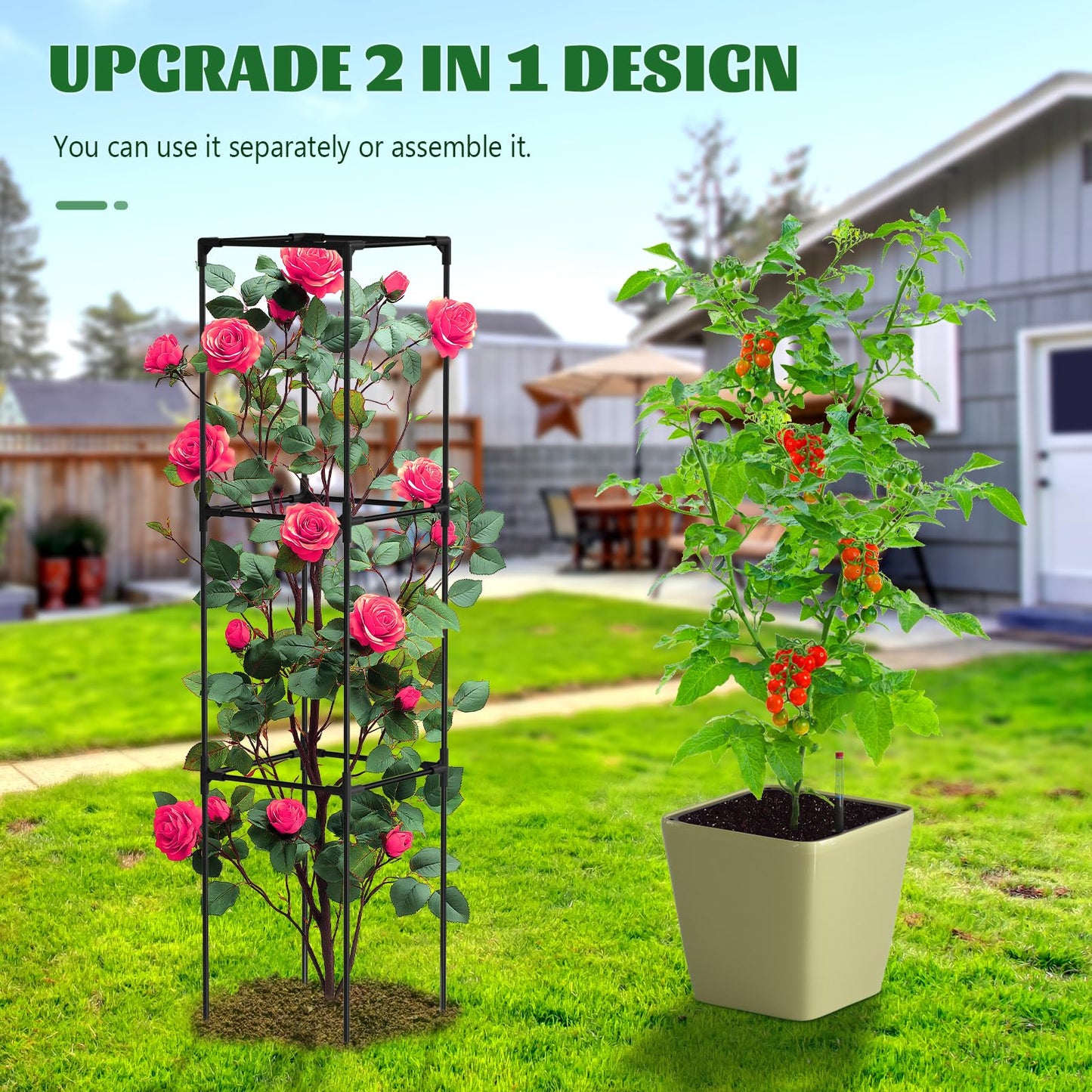 UrGROWA Tomato Planter Box with Trellis, Self Watering Rolling Raised Garden Bed with Water Level Monitor for Climbing Vegetables Plants Cage, Garden Planters Plant Pots for Plants Flowers Decor