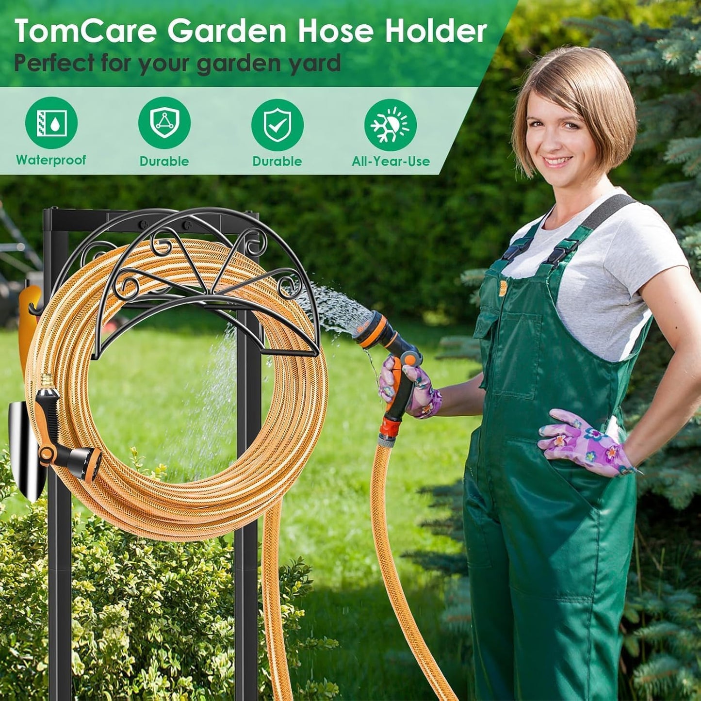 TomCare Garden Hose Holder Heavy Duty Water Hose Holder Holds 160 FT Hoses 4 Spikes Hose Reel Freestanding Hose Hanger Sturdy Hose Storage Stand for Outside Yard Lawn