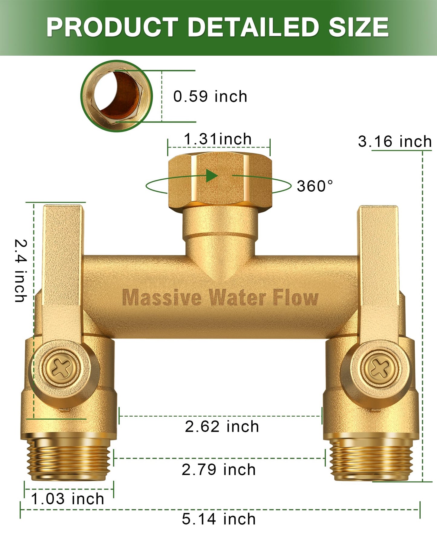 Hose Splitter 2 Way Heavy Duty, Solid Brass Full Flow Outdoor Faucet and Garden Hose Splitters, Water Spigot Splitter T Adapter, All Metal Water Connector with Shut-Off Valve, 3/4 - Inch GHT Thread