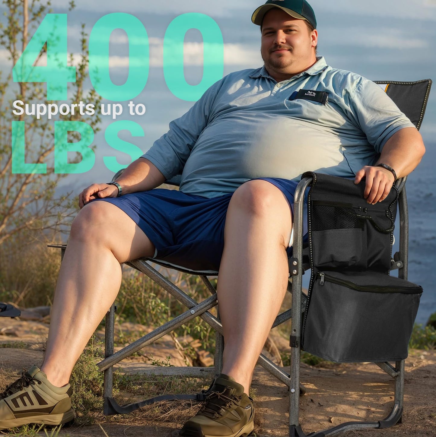 Overmont Oversized Lightweight Camping Chair - Portable Comfortable Heavy Duty Foldable Directors Chairs with Side Table & Cooler Bag for Outside Camp Beach Picnic Lawn and Fishing Supports 400lbs