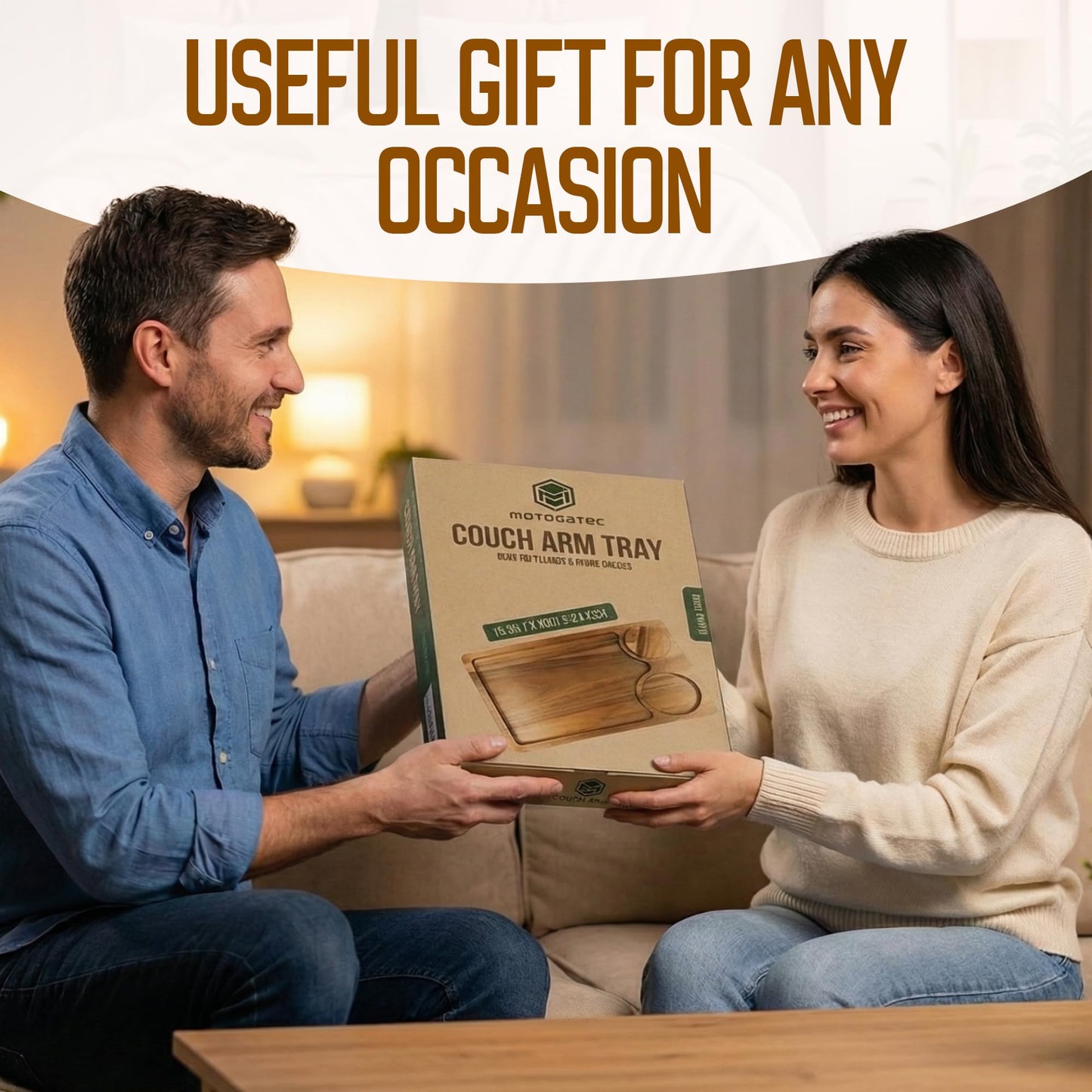 Motovatec Acacia Wood Sofa Arm Tray - 3-in-1 Couch Arm Table with Phone Holder, Cup Placer & Foldable Tray - Armrest Clip-On Design for Couch with 360° Rotated Phone Holder