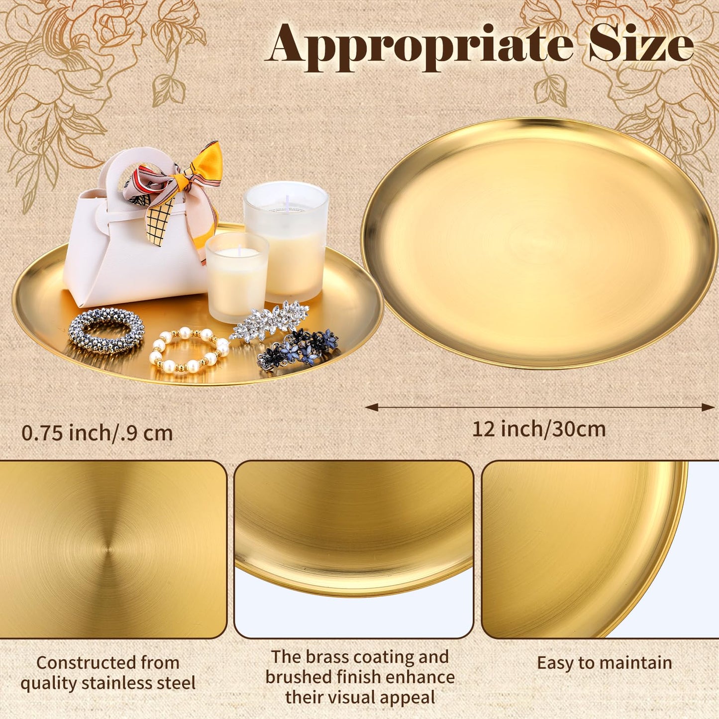 6 Pcs 12 Inch Round Gold Tray - Large Gold Tray Decorative Serving Bar Dish Key Bowl Mirror Dresser Vanity Tray for Jewelry Makeup Organizer, Bathroom, Candle, Perfume, Countertop