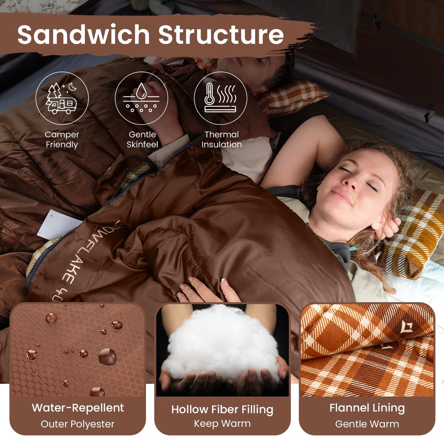 KingCamp Sleeping Bag for Adults, Cold Weather & Warm XL Big and Tall Flannel Sleeping Bags with Compression Sack Portable Waterproof Essentials Gear Accessories for Outdoor Camping (Coffee Left)