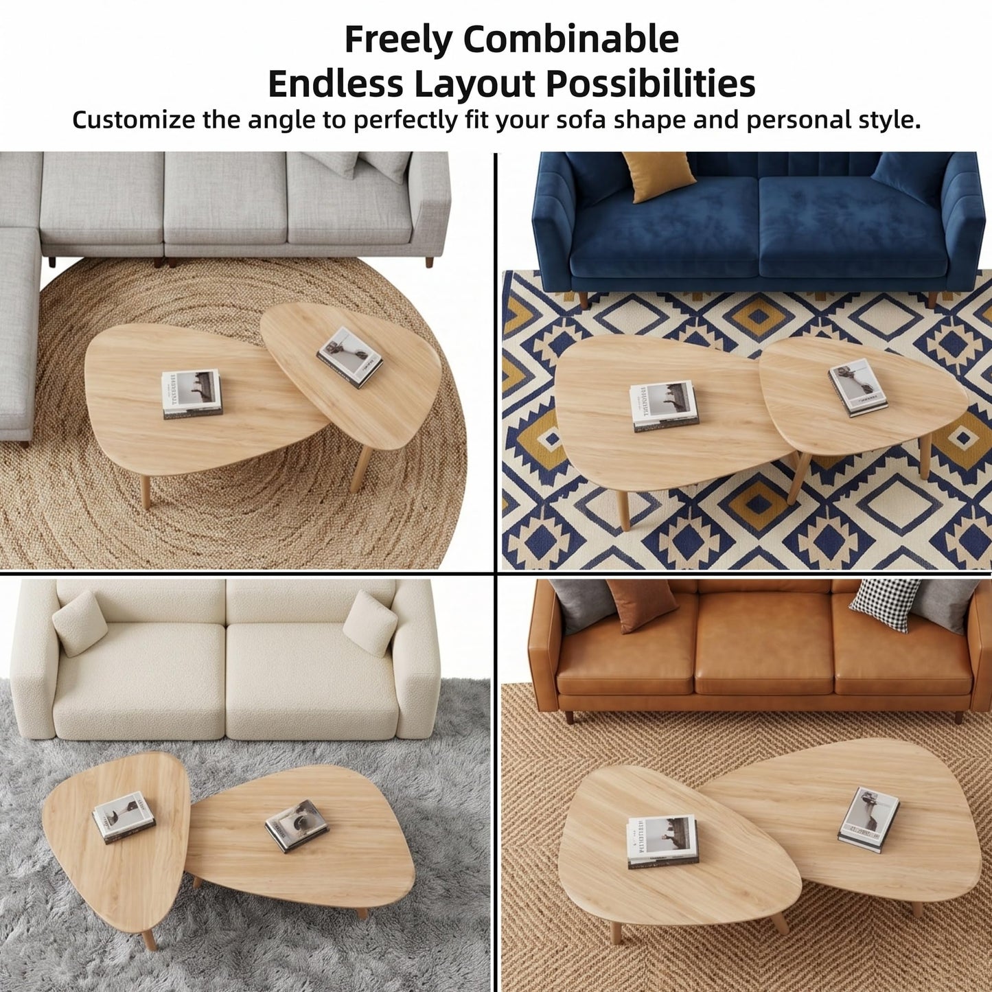 DURISEN Nesting Coffee Table Set of 2-Mid Century Modern Guitar Pick Stacking Tables with Solid Wood Legs-Waterproof Triangle Center Side End Table for Small Living Room,Apartment,Balcony (Natural)