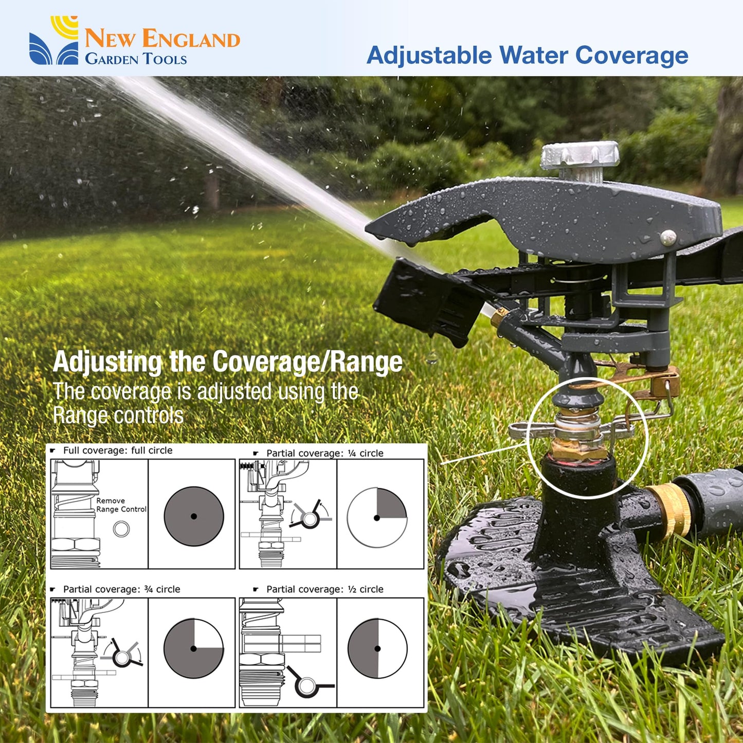 Heavy Duty Impact Pulsating Sprinkler 300004, Powerful Jet Reach 80 ft Diameter, 360° Range Control to Cover up to 5,000 Sq Ft for Farm, Lawn and Garden Irrigation, by New England Garden Tools