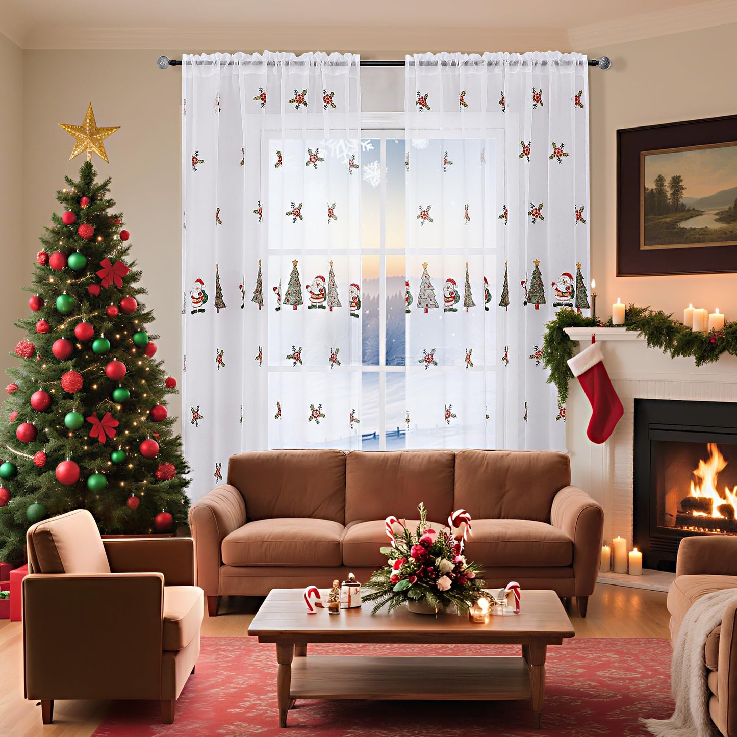 BROSHAN Red Embroidered Sheer Christmas Window Curtains 84 inches Long for Living Room- Xmas Tree Santa Patterned White Drapes 2 Panels Set for Winter Holiday Bedroom Dining Room Decor,Gold Green