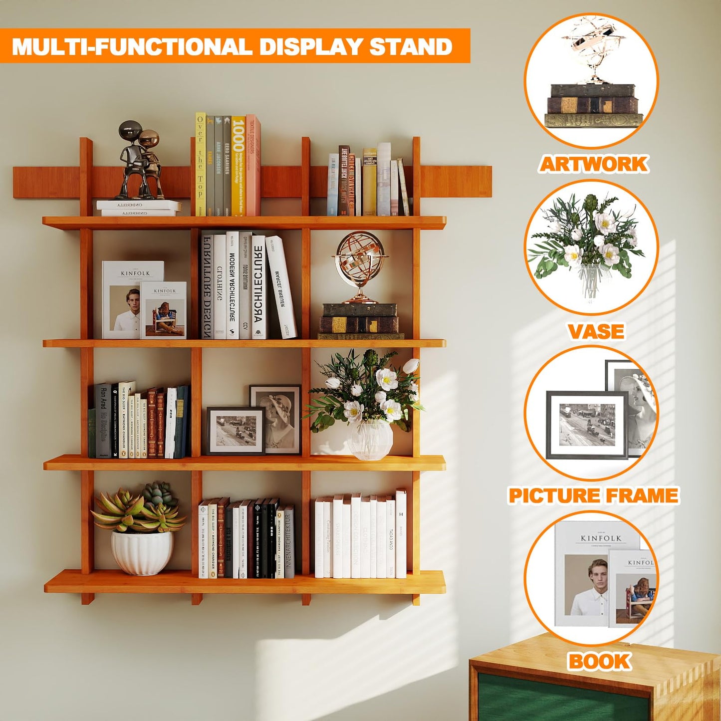 Raykion Bookshelf 4 Tier Wall Mounted Display Shelf, Space-Saving Floating Bamboo Bookcase Heavy Duty 600lbs, Storage Organizer for Living Room Bedroom Office, 43" W x 52" H