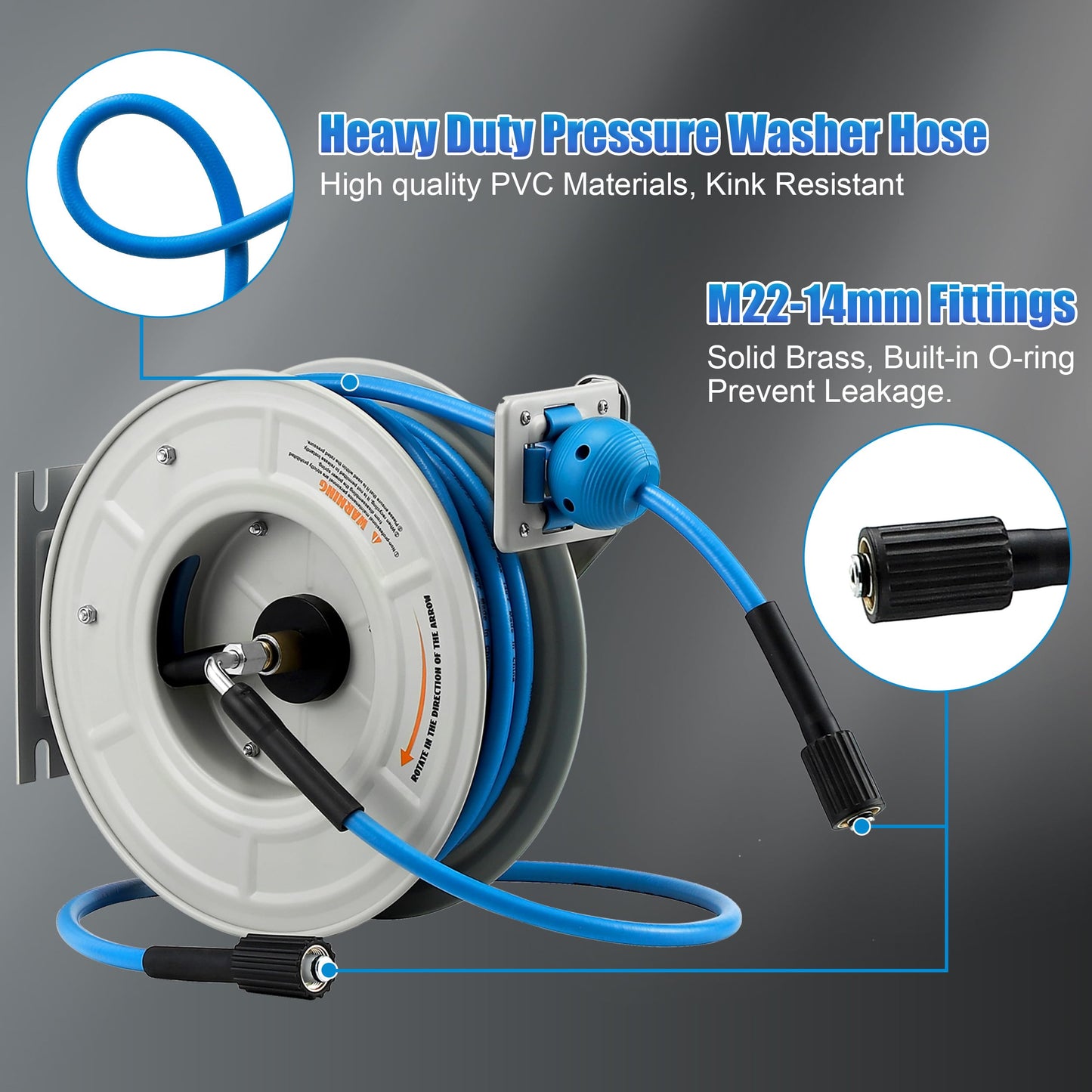 FIXFANS Pressure Washer Hose Reel with Hose, 1/4" × 60ft Retractable Power Washer Hose Reel, Heavy Duty Hose Reel Auto Rewind, Wall Mounted, 3600 PSI