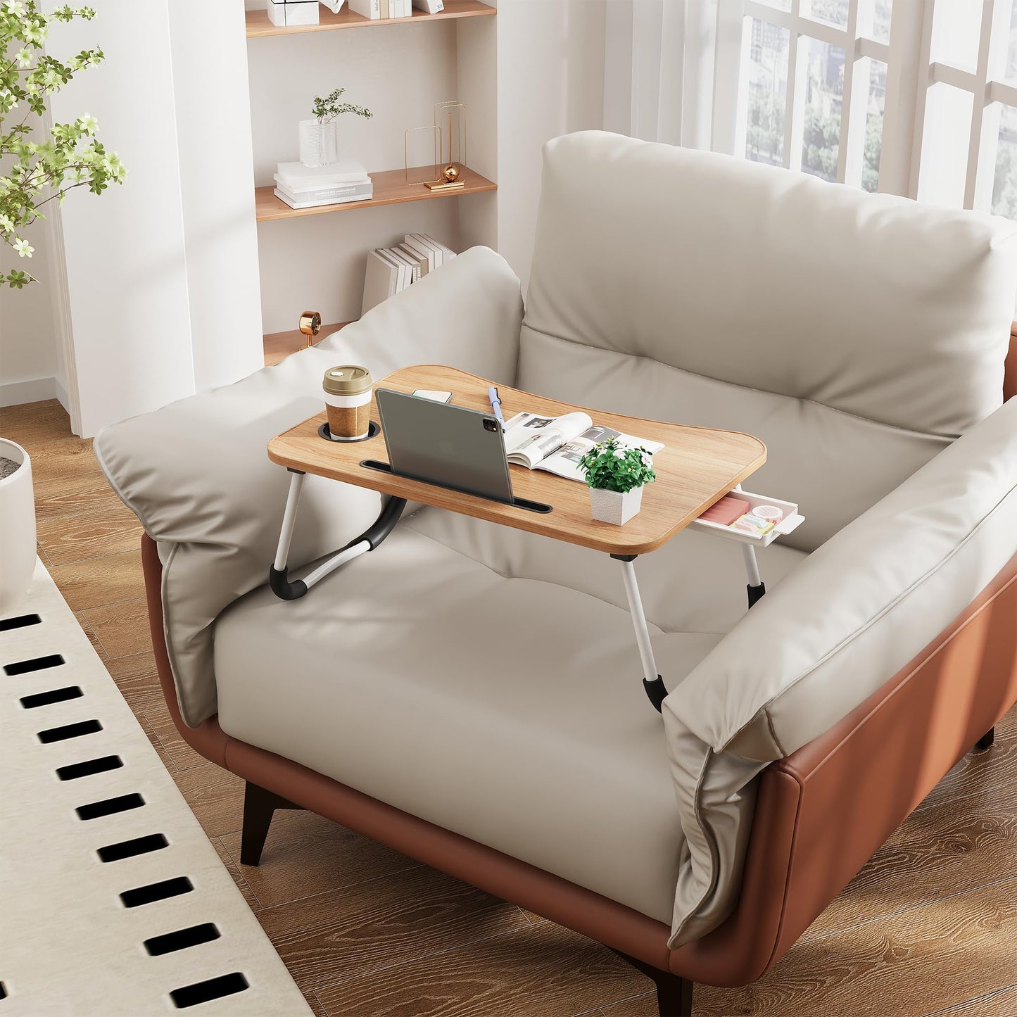 Lap Desk Bed Trays for Eating and Laptops Breakfast in Bed Tray for Sofa/Couch/Study/Reading/Writing with Cup Holder/Drawer On Low Sitting Floor Large Portable Foldable (Walnut Beige)