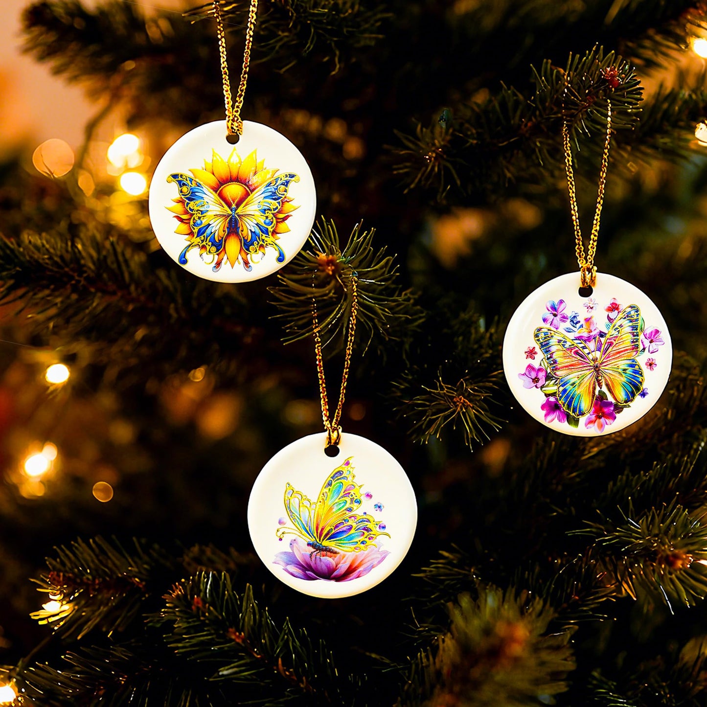 YOXUTEP 3-Pack Ceramic Butterfly Ornaments, Hand-Painted Christmas Tree Decor for Home, Exchange, Xmas Presents & Festive Decoration