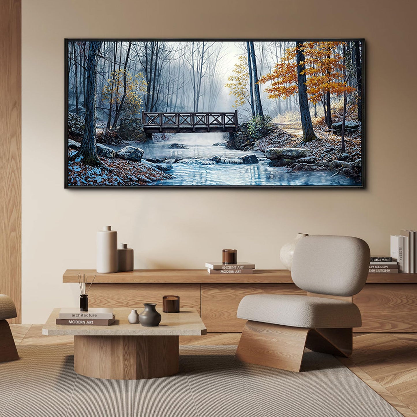 yiijeah Large Living Room Wall Art - Modern Wall Decor for Bedroom Office Decor Mountain Forest Landscapes Village Bridge Painting Framed Canvas Prints Ready to Hang Pictures Home Decor