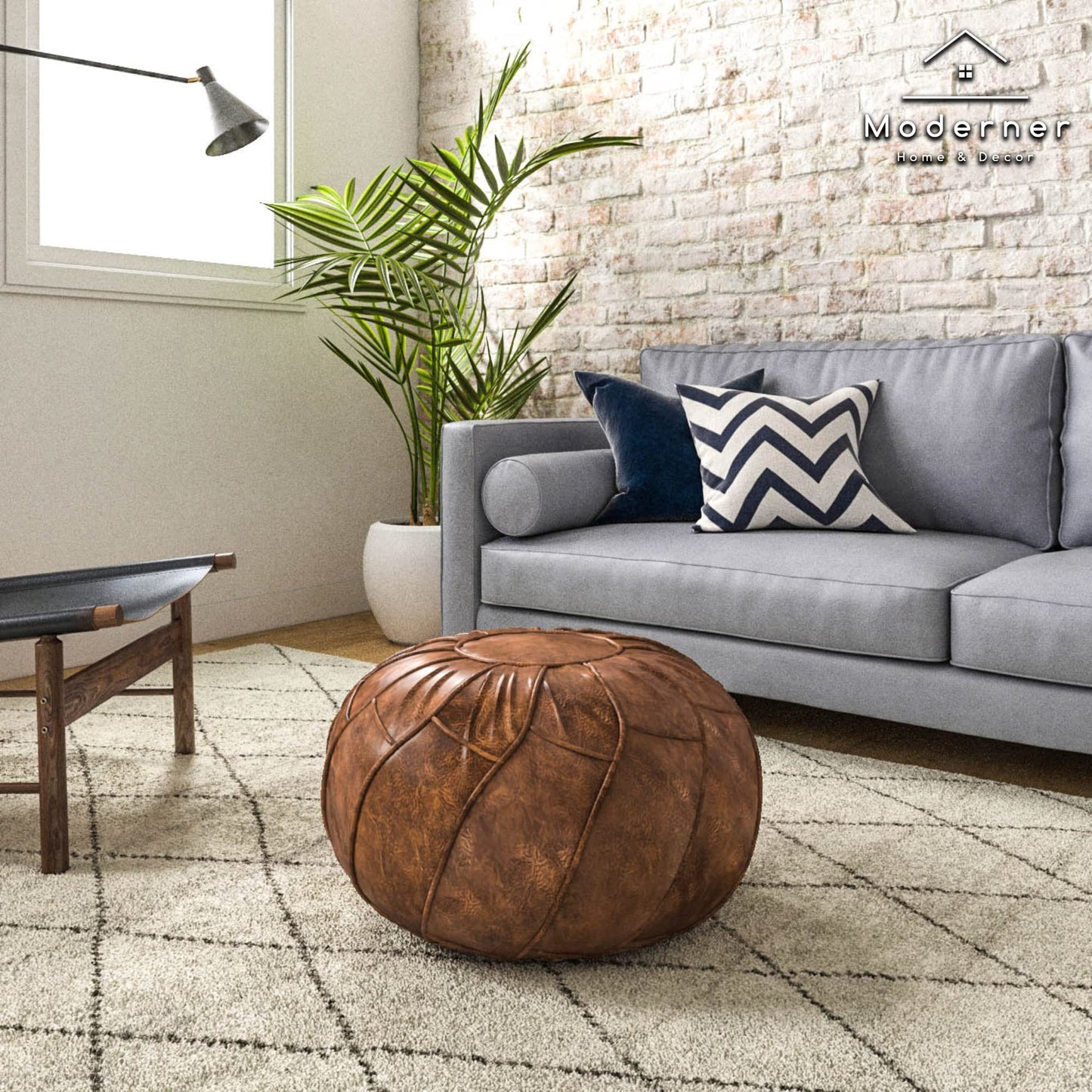 Moderner Faux Leather Pouf Unstuffed Ottoman Moroccan Footstool, Floor Footrest Cushion, Storage Solution - Natural Brown Color (Mocha, Round)