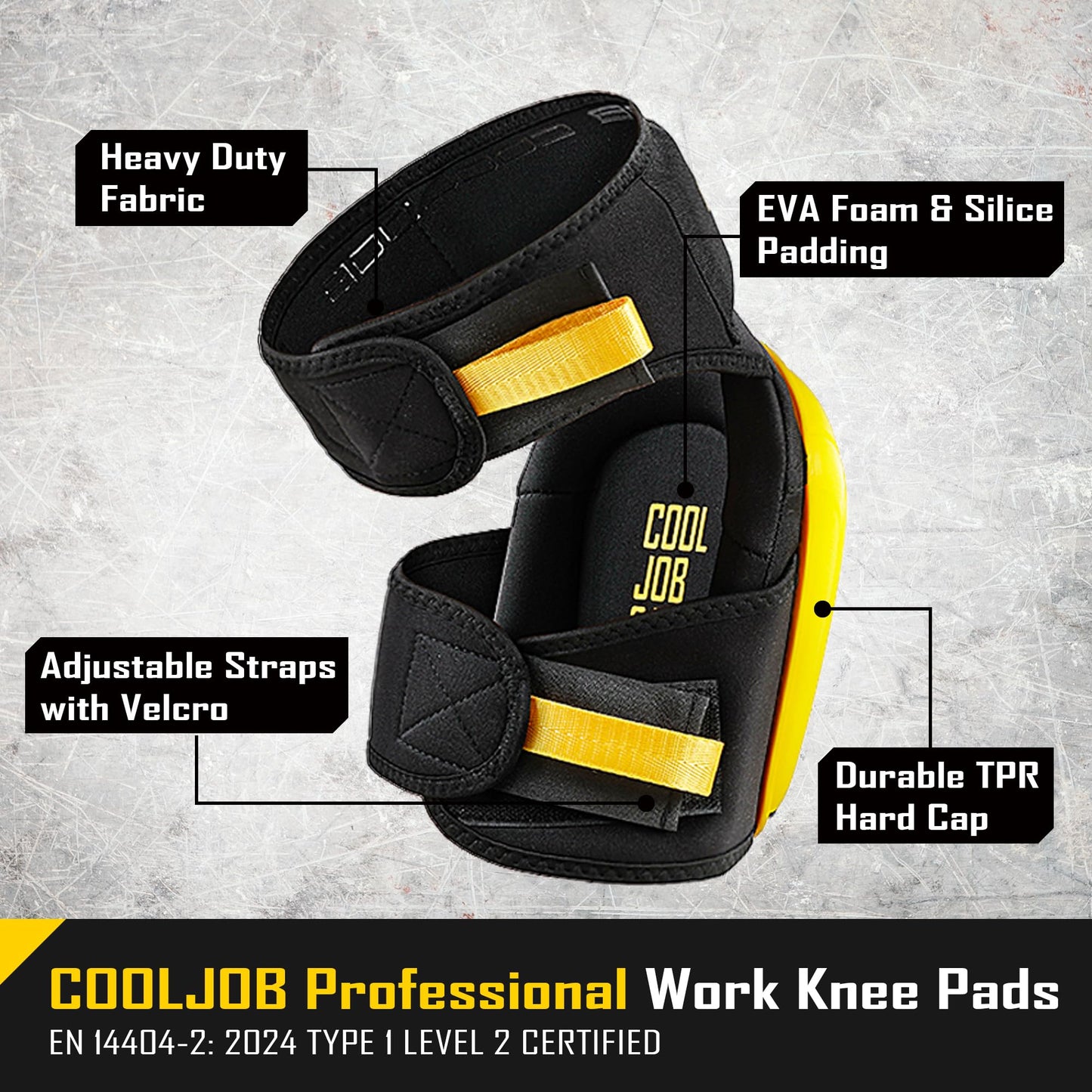 COOLJOB Professional Knee Pads with Heavy Duty Anti-Slip Cap, Comfortable Foam Cushion and Extra Thick Gel Padding for Construction Flooring, Reinforced & Adjustable Straps, Yellow