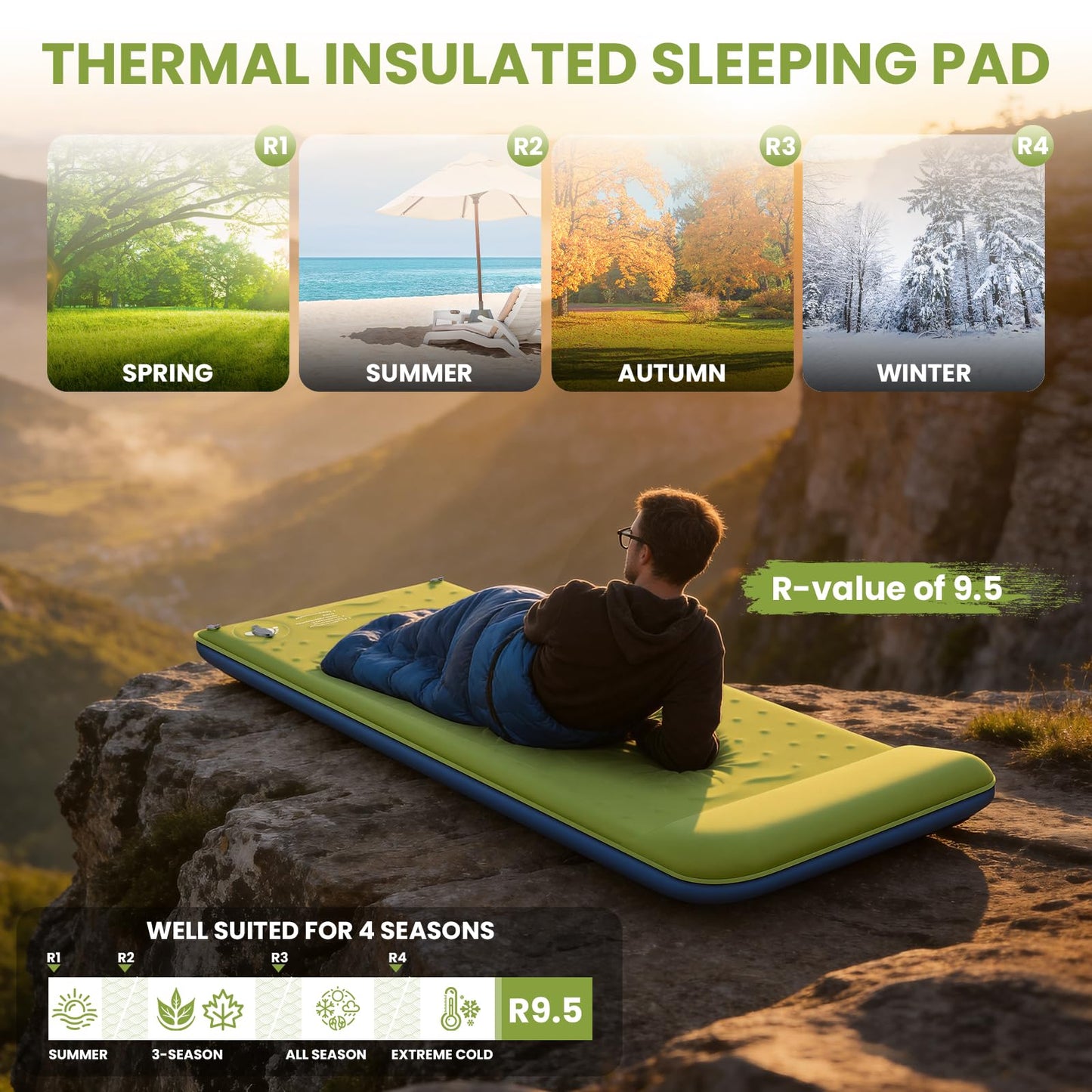 TEKIK Memory Foam Camping Pad, Ultra-Thick Foam Sleeping Pad for Camping with Pillow, 20s Fast self Inflate&Deflate, 9.5 R-Value Insulated Camping Mattress, Suitable for Tent, Car Travel & More
