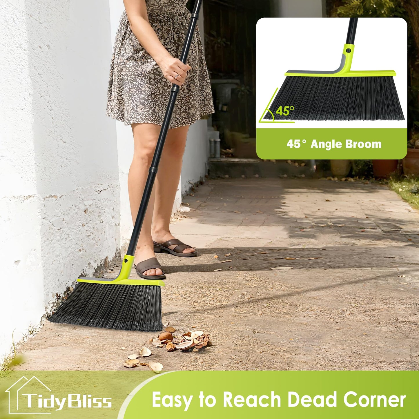 TidyBliss Outdoor Broom Heavy Duty, 56 inches Tall Commercial Soft Bristle Angle Brush for Sweeping Outside Patio Garden Porch Deck Shop Restaurant Garage House Lobby Hardwood Floors (Green)
