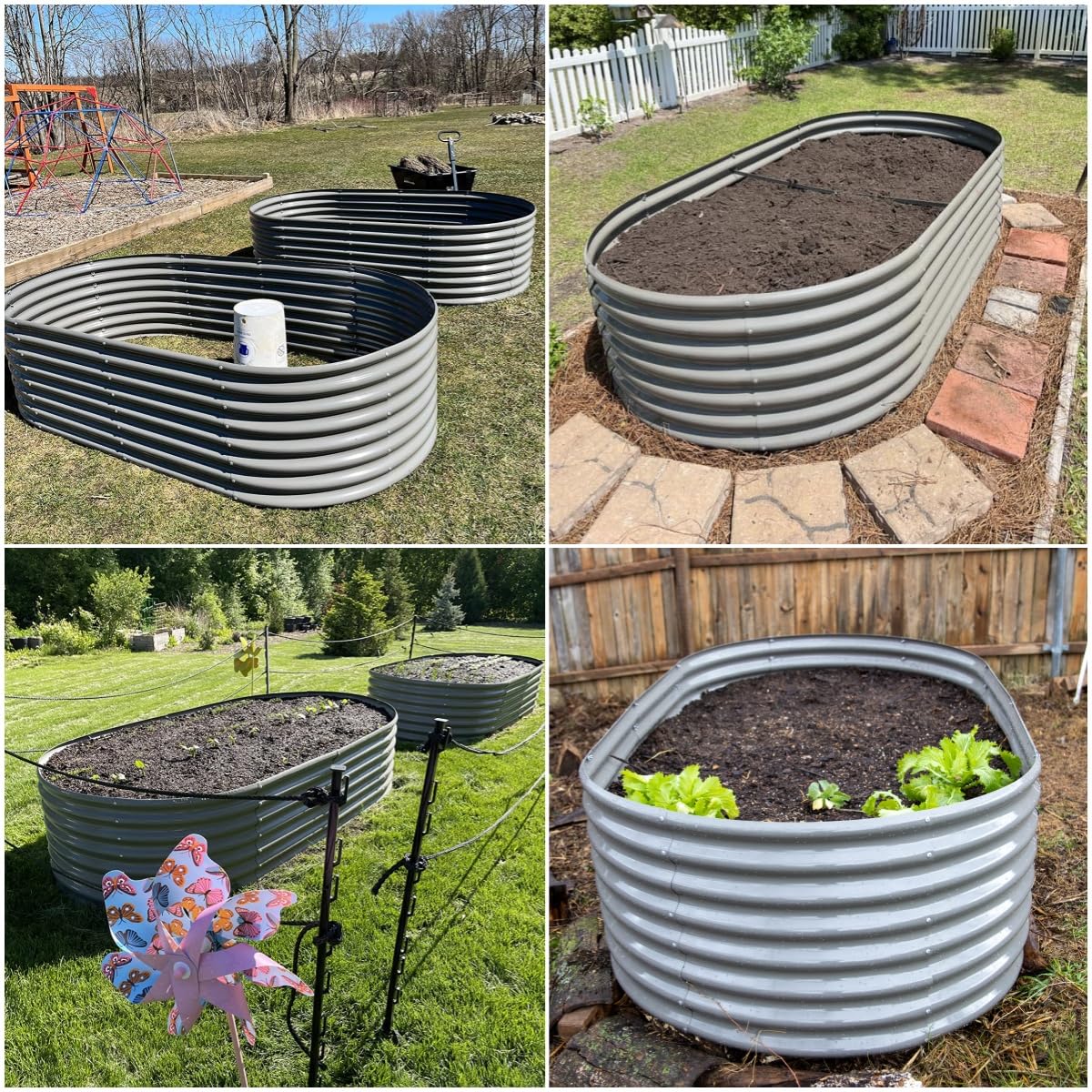 A ANLEOLIFE 12-Set 8X4X2 ft Galvanized Raised Garden Bed Kit, Oval Metal Deep Root Planters for Outdoor Plants, Quartz Grey
