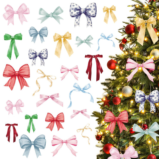 Yookeer 36 Pcs Bow Christmas Ornaments Wood Christmas Coquette Hanging Ornaments Various Types Bow for Xmas Tree Bachelorette Wedding Decorations