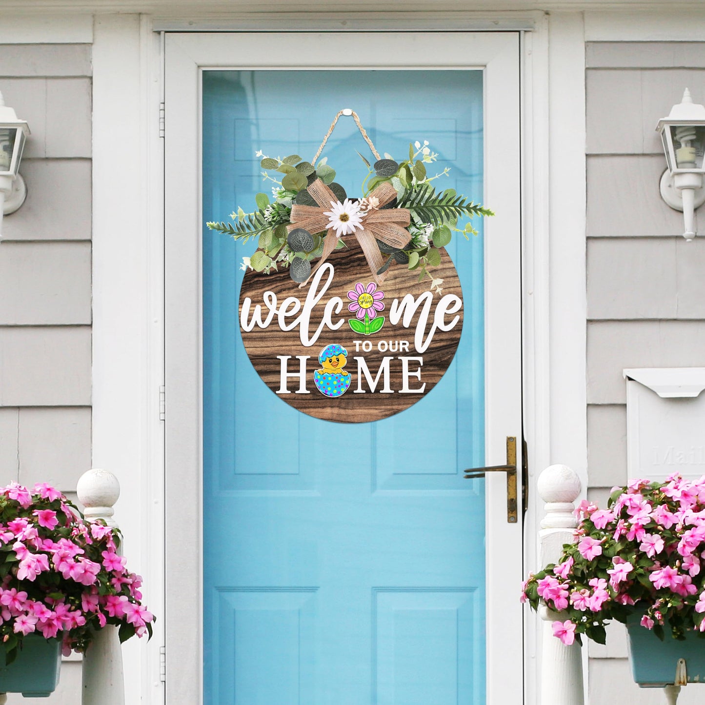 Interchangeable Welcome Sign for Front Door with 4 Seasonal Wreaths 21 Changeable Icons, Farmhouse Rustic Outdoor Welcome Signs Porch, Spring Winter Fall Decorations for Home House Warming Gifts