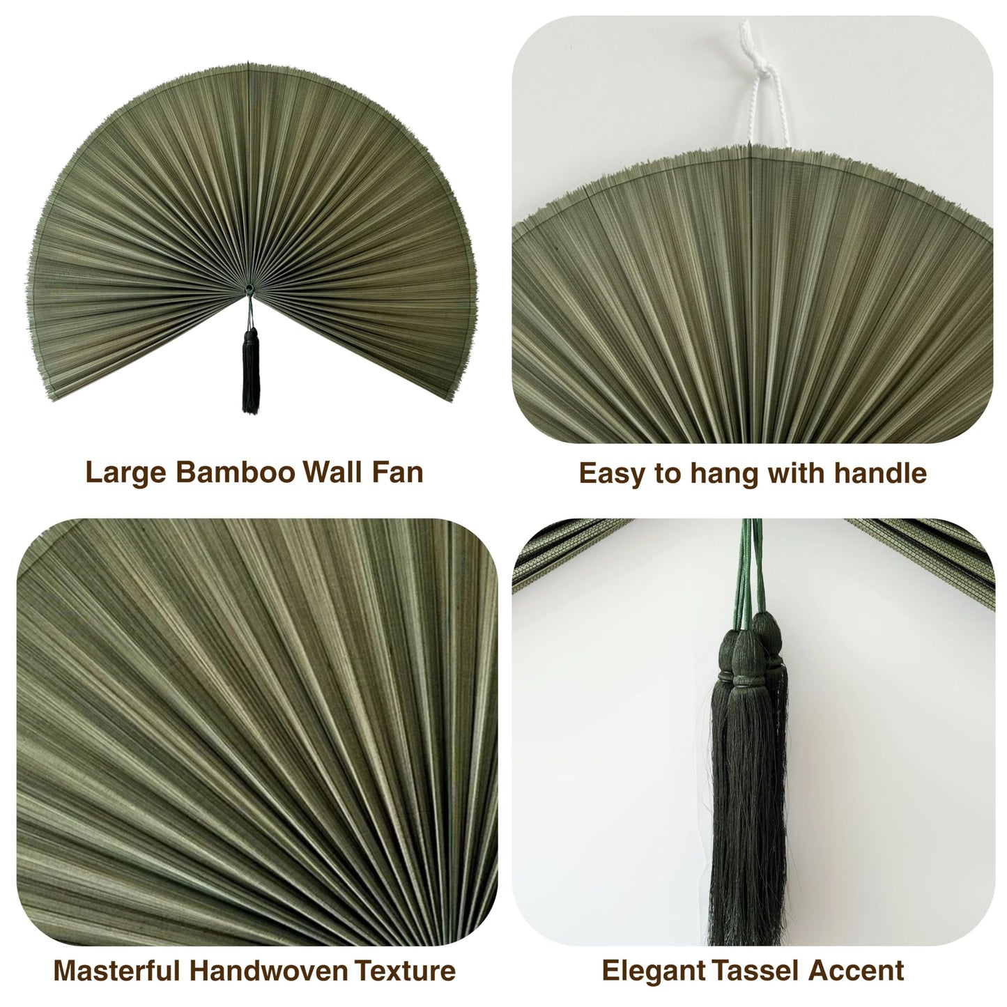 SUCHUBU Bamboo Fan Wall Decor Japanese Hanging Art Headboard, Boho Folding Asian Style, Natural Ivory Home Aesthetic - Lightweight Easy to Hang over Bed Decor (Green, Large)