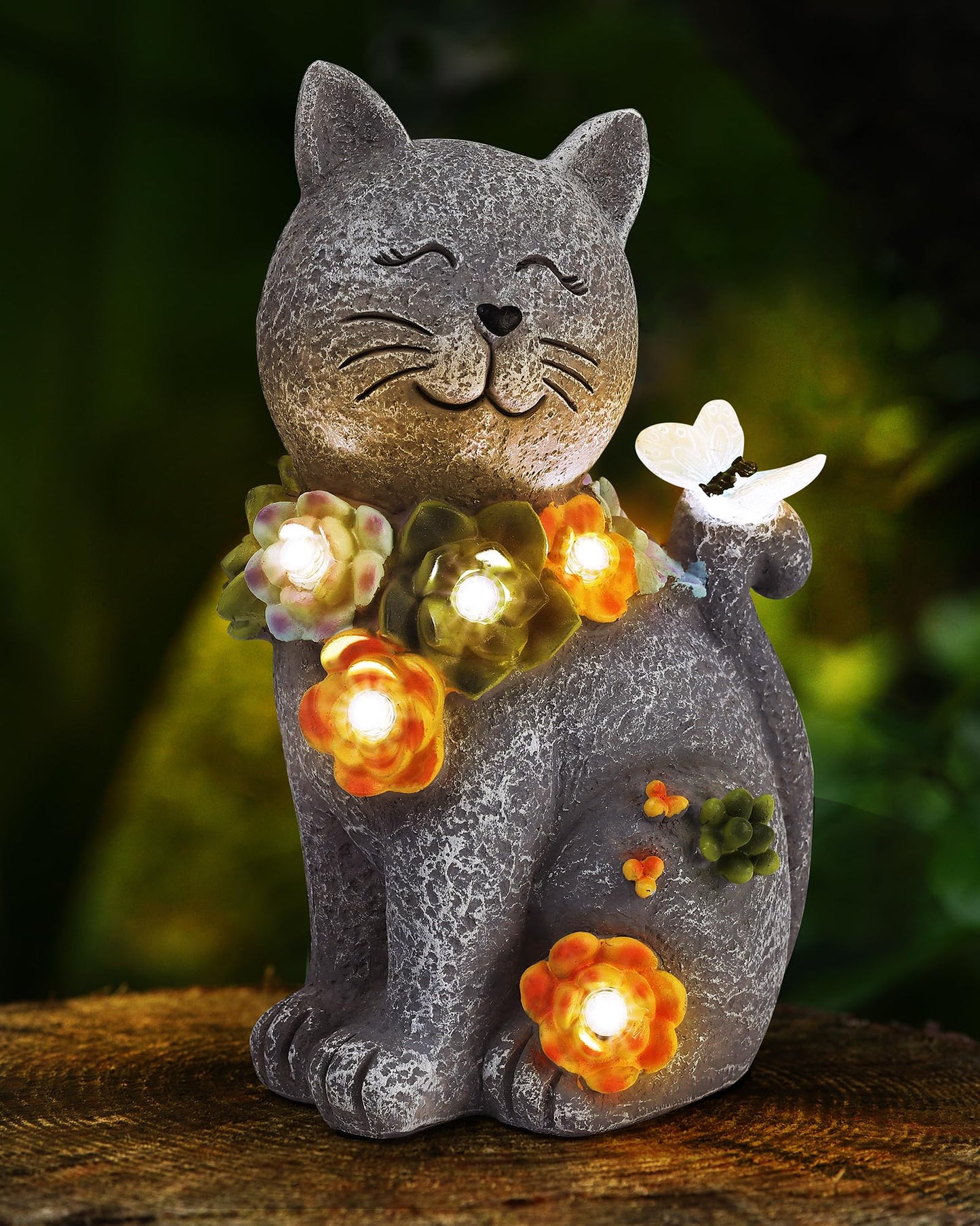 Vuees Solar Garden Statues Outdoor Decor, 6 LED Cat Flowers Butterfly Figurine Lights, Waterproof for Balcony Patio Porch Lawn Yard Ornament Art - Gift Ideas for Housewarming Gardening Grandma Women