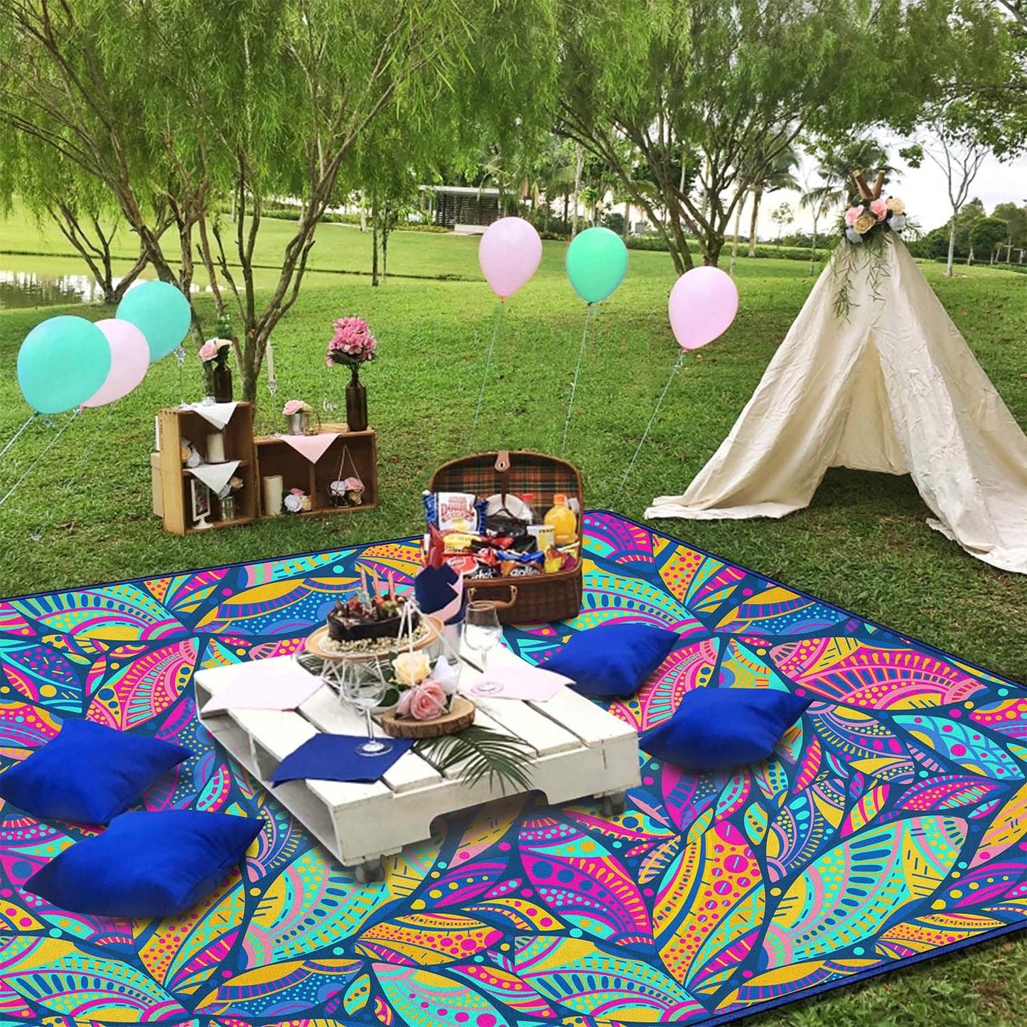 Fefede Waterproof Picnic Blankets Foldable & Portable 60''x80'' Boho Picnic Mat for Outdoors, Large Washable Picnic Blanket for Travel Camping Beach, Park Grass Picnic Blanket Accessories for Adults