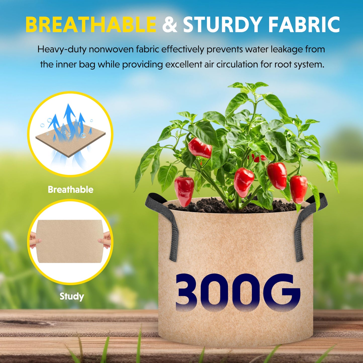 iPower 15 Gallon 5 Pack Grow Bags Nonwoven Fabric Pots Aeration Container with Strap Handles for Garden and Planting, 5-Pack Tan, 15 Gallon