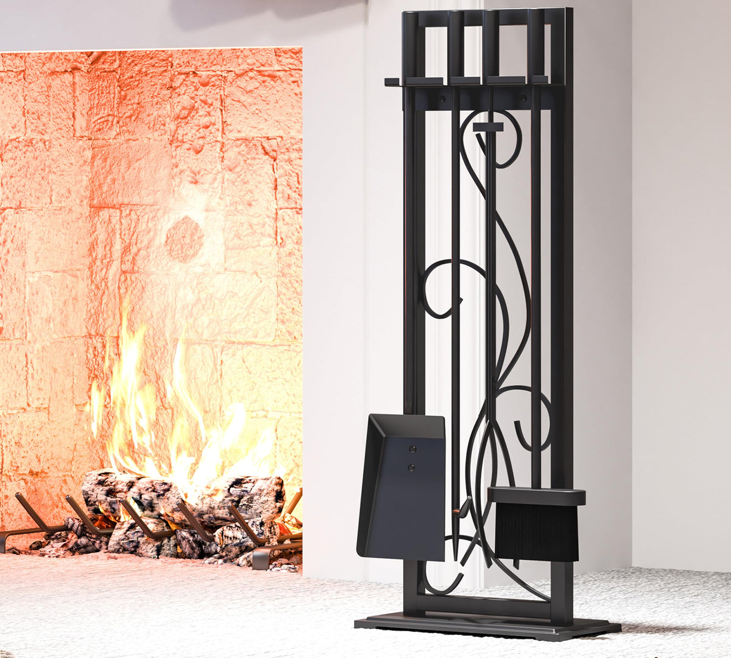 Kingson 5-Piece Heavy Duty Wrought Iron Fireplace Tool Set - Durable Indoor & Outdoor Fireplace Accessories with Decorative Black Finish - Stylish and Functional Hearth Décor for Fireplaces