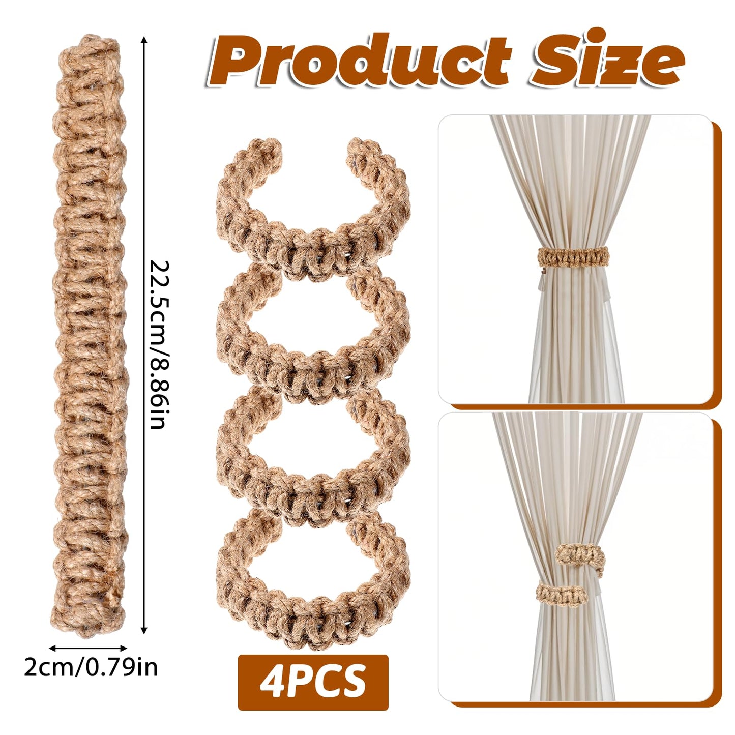Ptwola 4 Pack Braided Curtain Tiebacks Boho Elegant Rustic Curtain Holdbacks Tie Backs Holders Set Simple Light Weight Drapes Decorative Accessories Handmade for Home Office Bedroom Window (4, Linen)