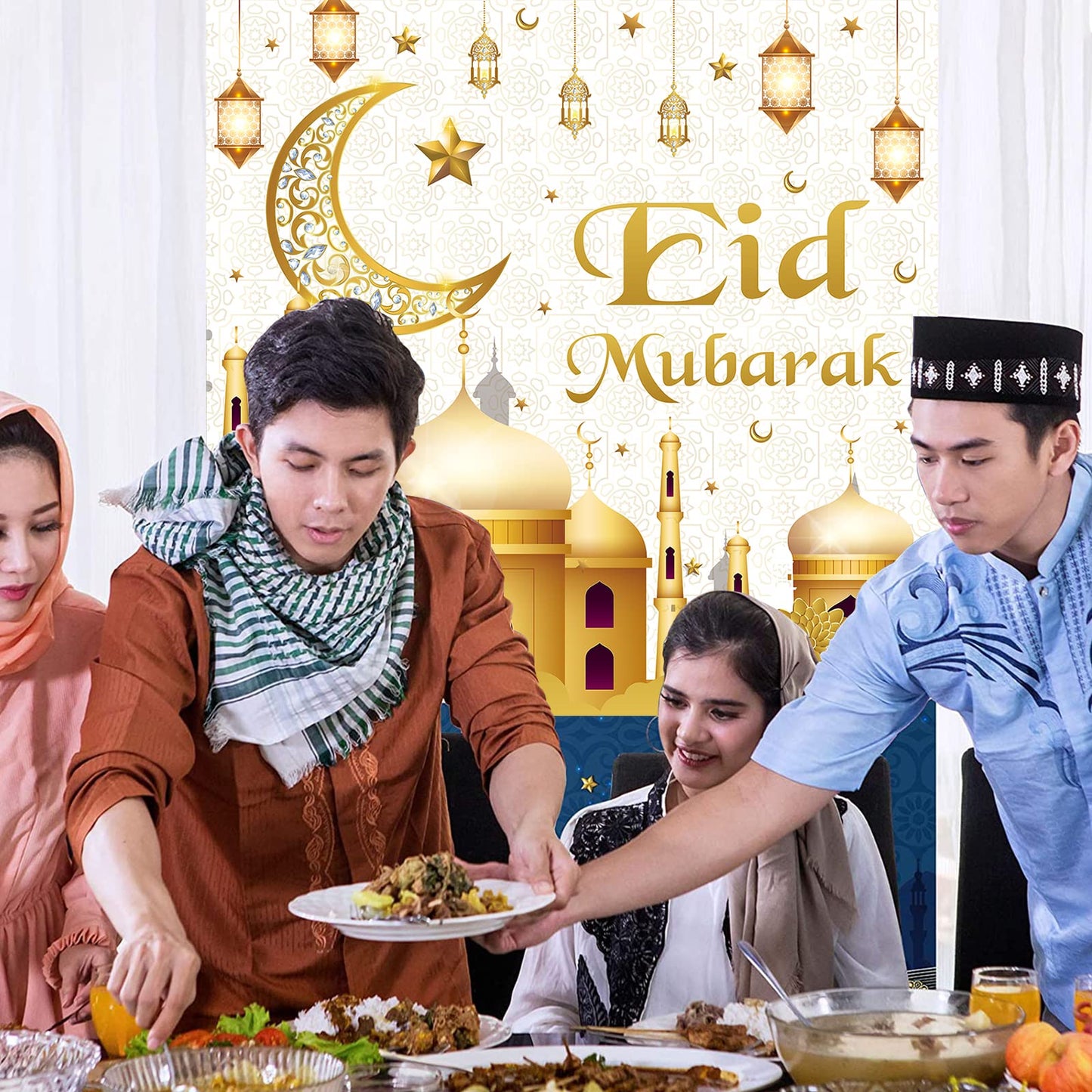 Eid Mubarak Decorations - 70PCS White Gold Ramadan Confetti Balloons with Mubarak Moon Star Foil Balloon, Backdrop for Party Supplies, Eid Decorative Banner for al-Fitr and al-Adha Decor