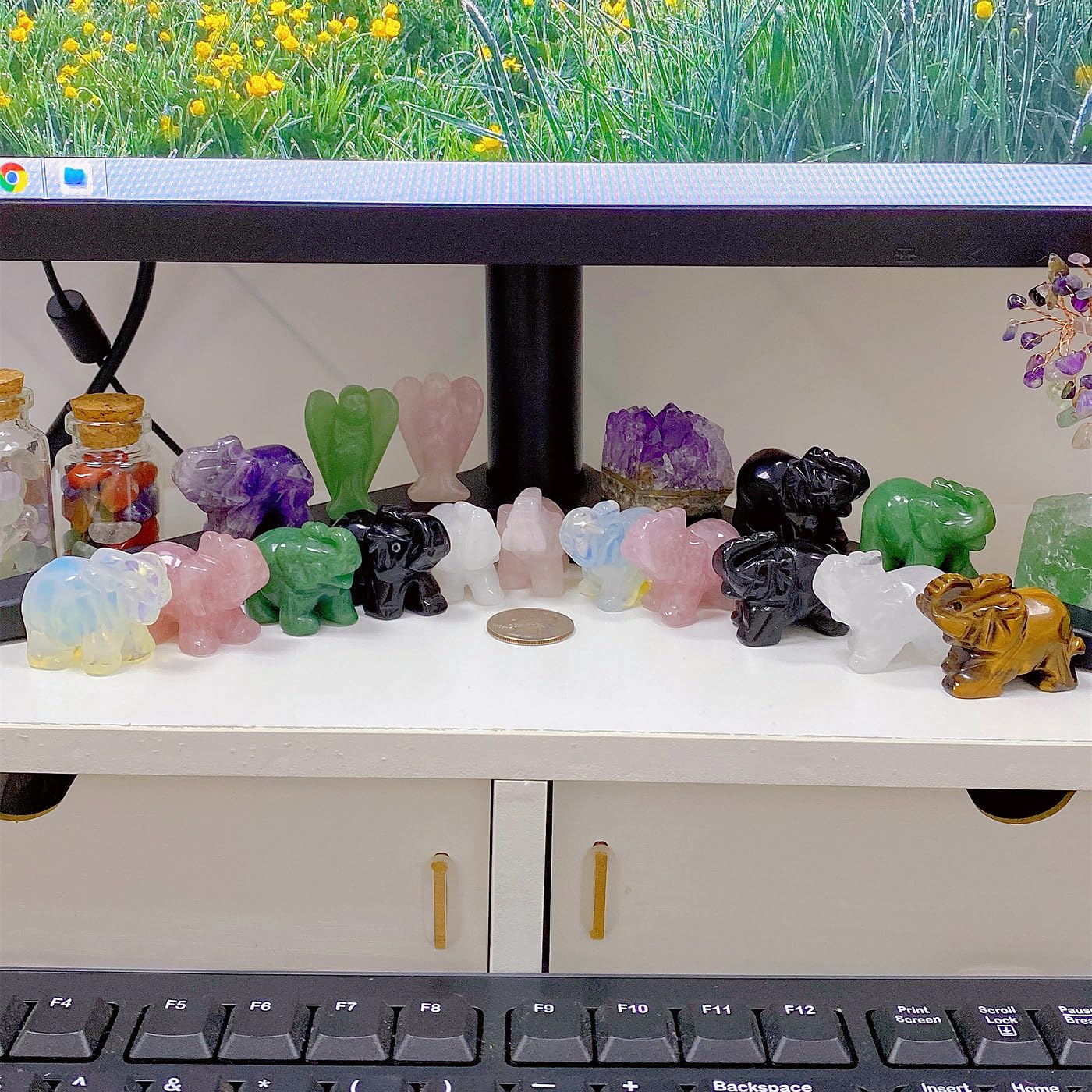 QINJIEJIE 5PCS Elephant Decor Amethyst Statue Crystals Rose Quartz Green Aventurine Opal Tiger Eye Cute Desk Stones Decoration Room Office Decor Statue Pocket Spiritual Gem Gifts for Women 1.5"